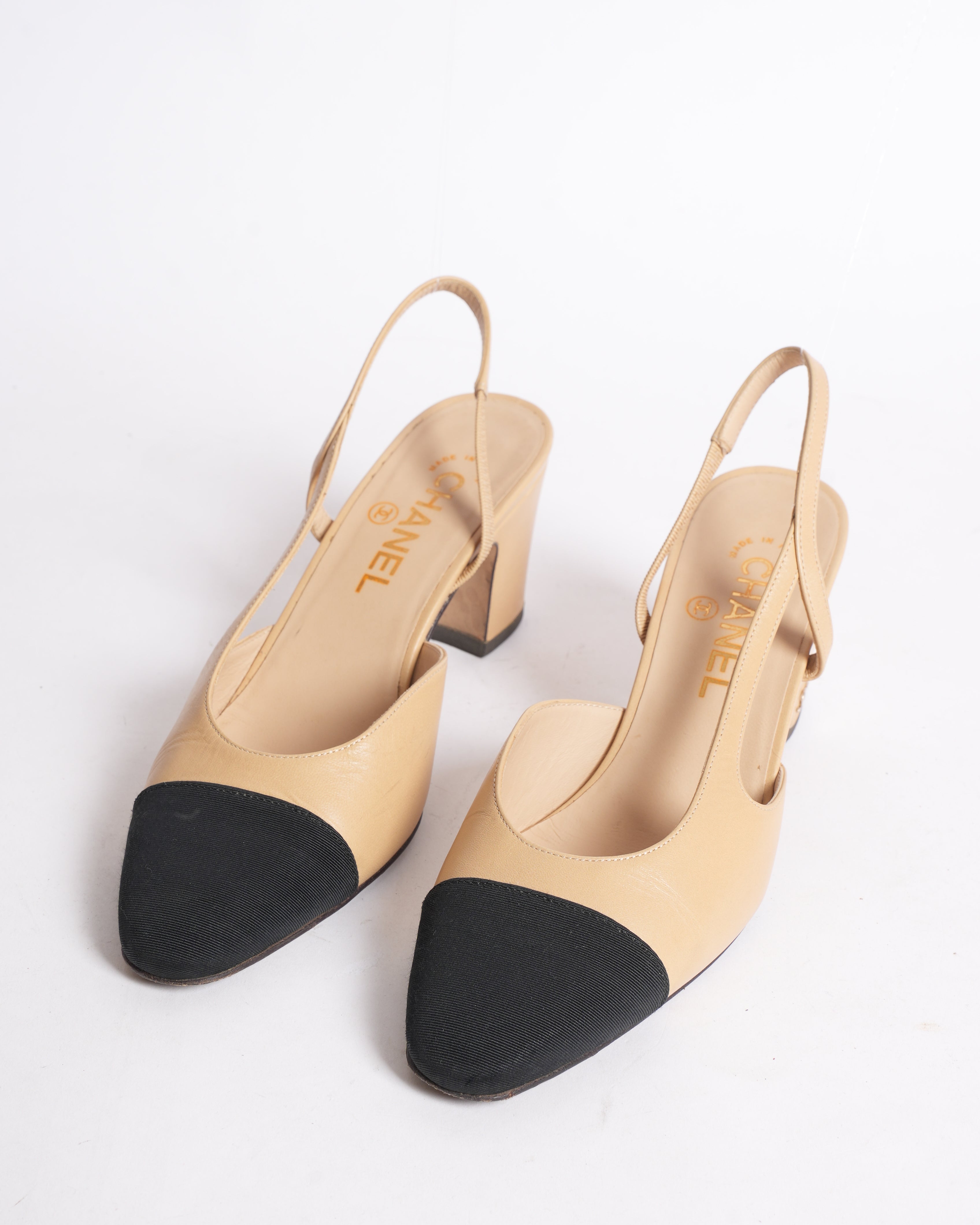 Chanel Black and Beige CC Slingback Heels