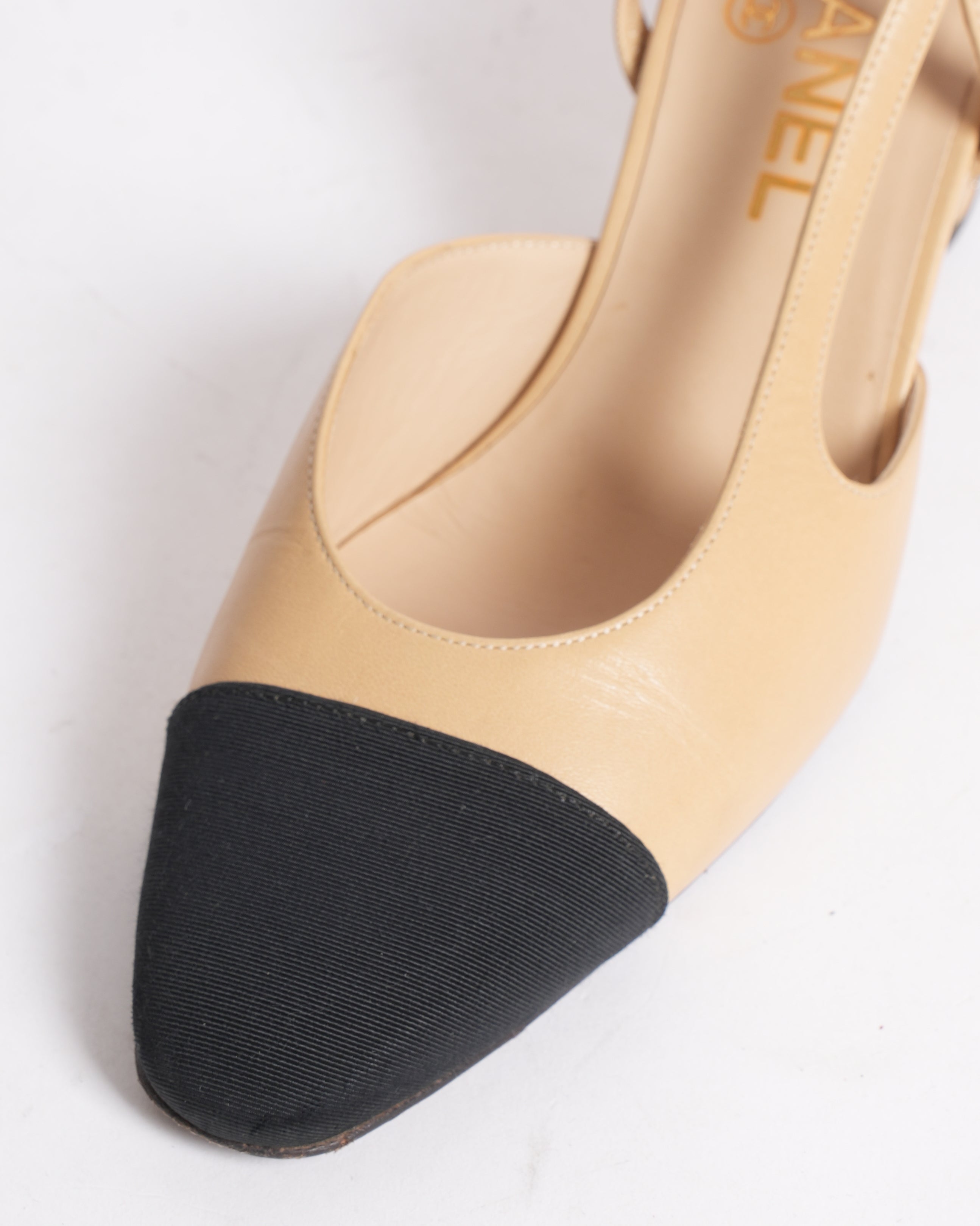 Chanel Black and Beige CC Slingback Heels