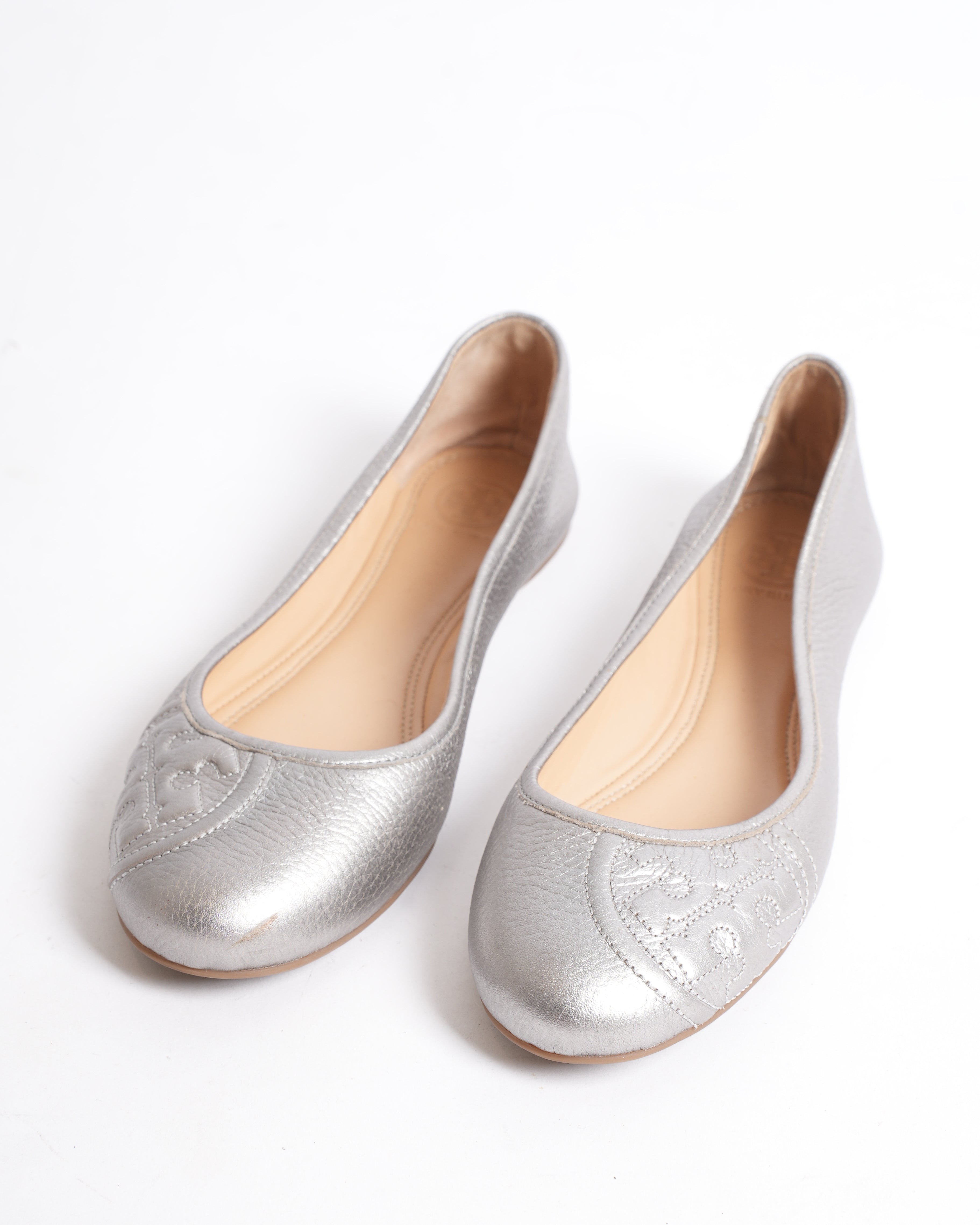 Tory Burch Ballet Flats In Silver Tone With Quilted Logo