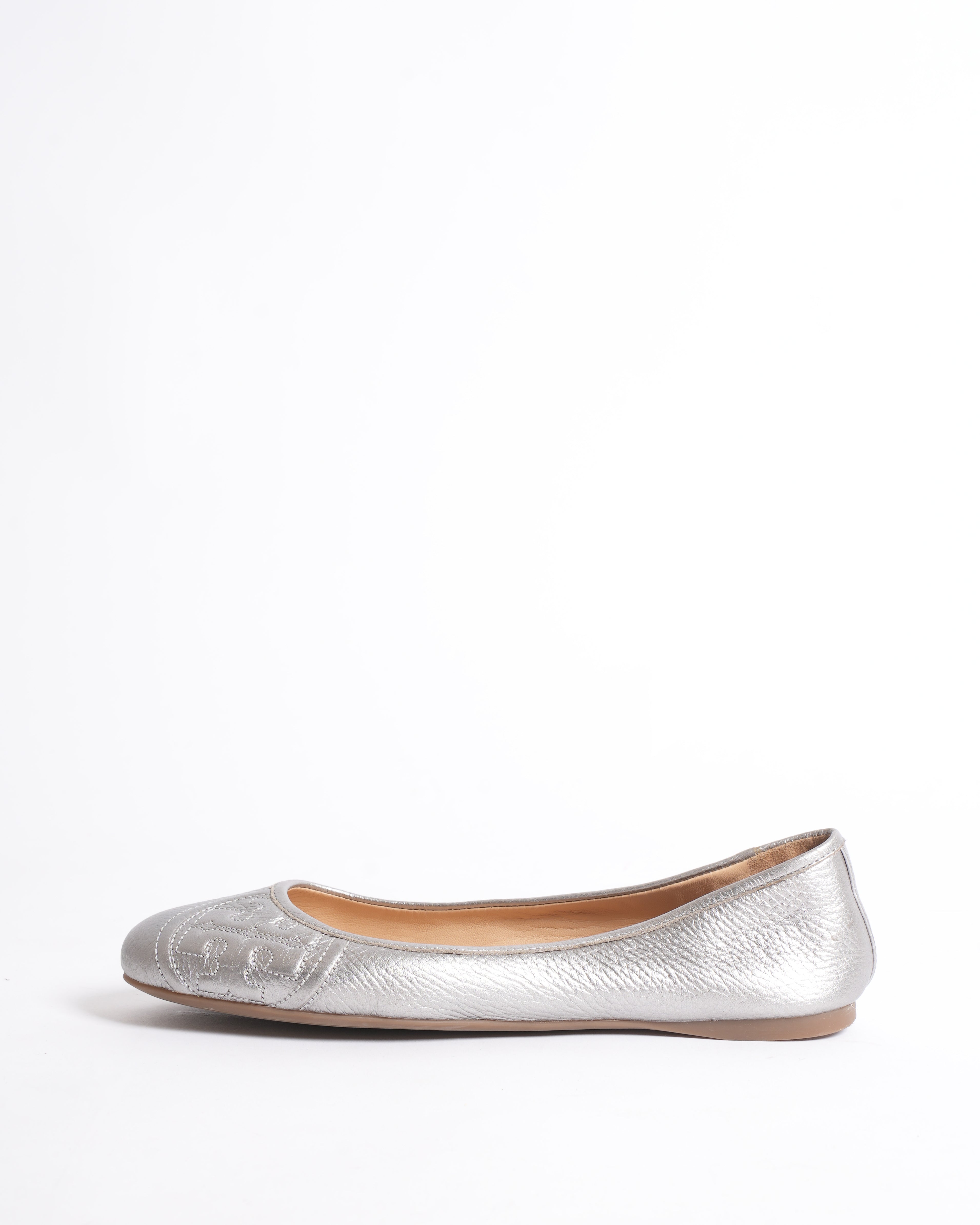Tory Burch Ballet Flats In Silver Tone With Quilted Logo
