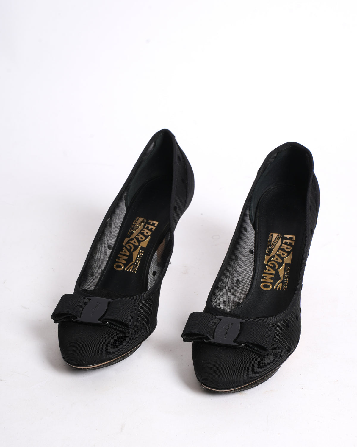 Salvatore Ferragamo Black Mesh and Grosgrain Carla Dots Pumps