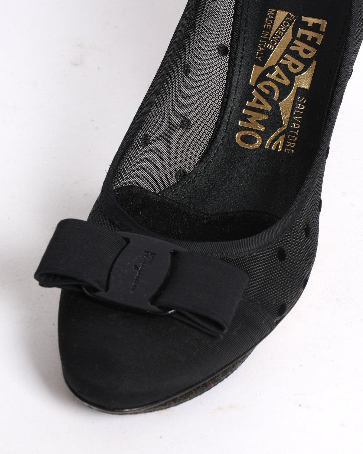Salvatore Ferragamo Black Mesh and Grosgrain Carla Dots Pumps