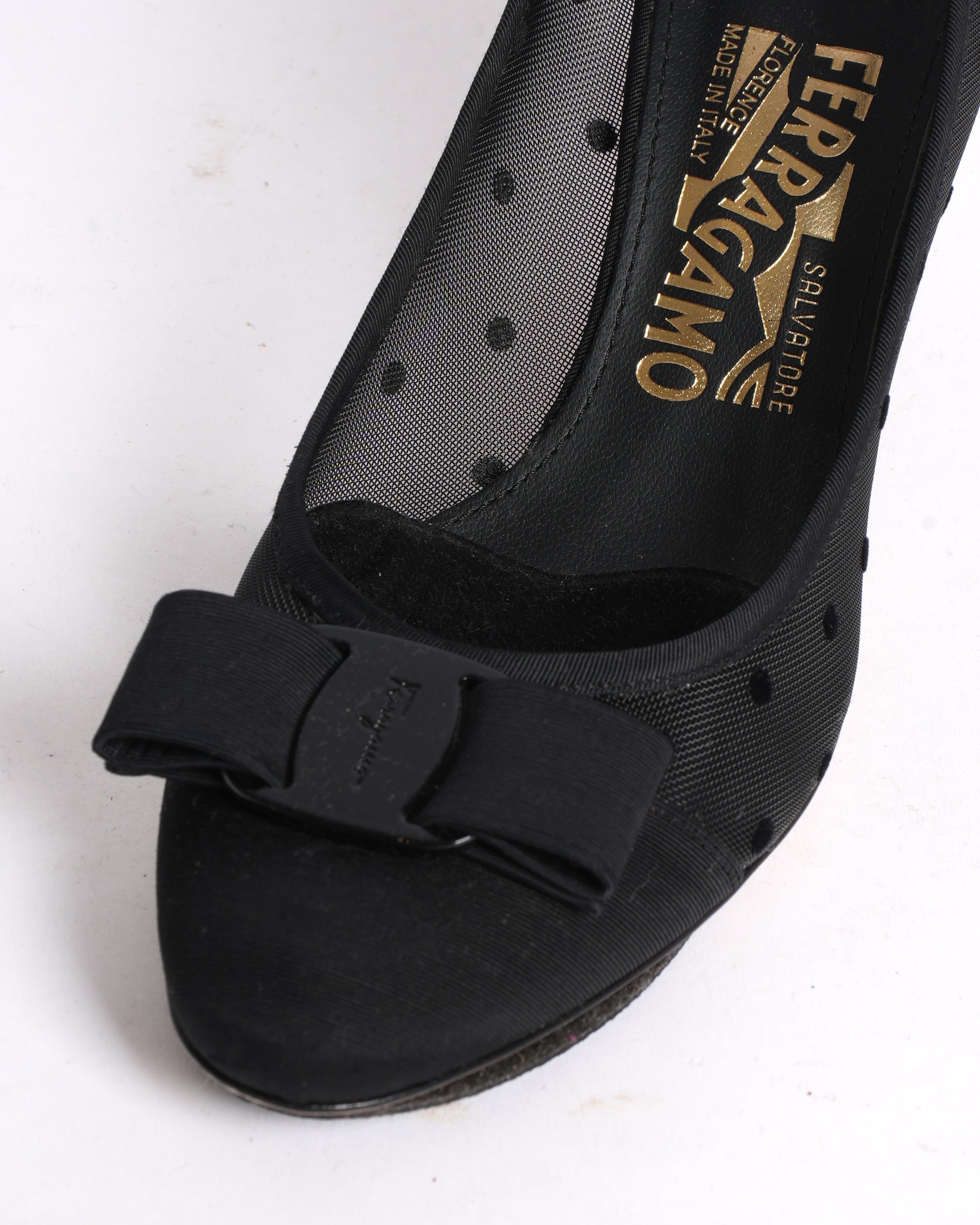 Salvatore Ferragamo Black Mesh and Grosgrain Carla Dots Pumps