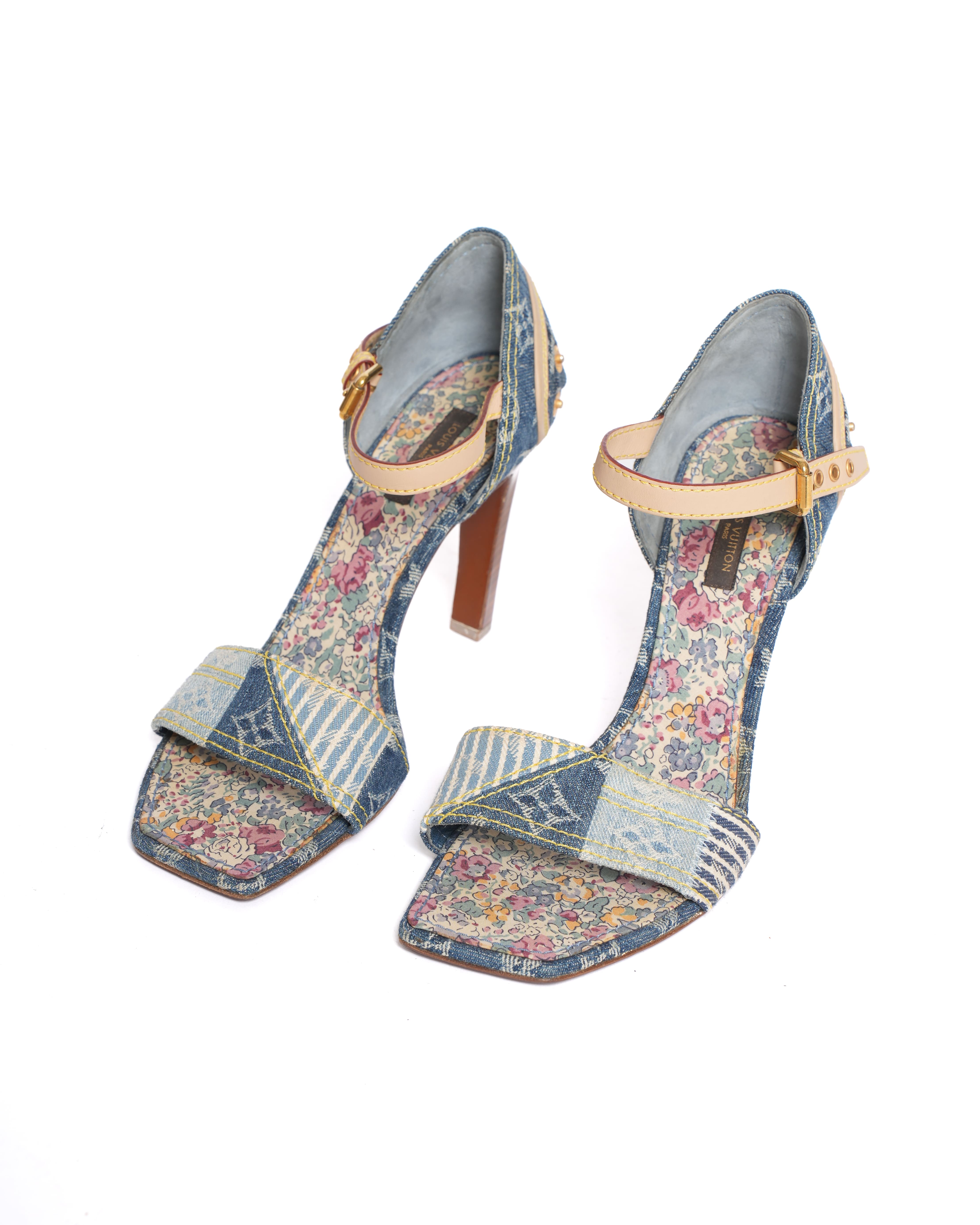 Louis Vuitton Blue Monogram Denim Leather Ankle Strap Heels