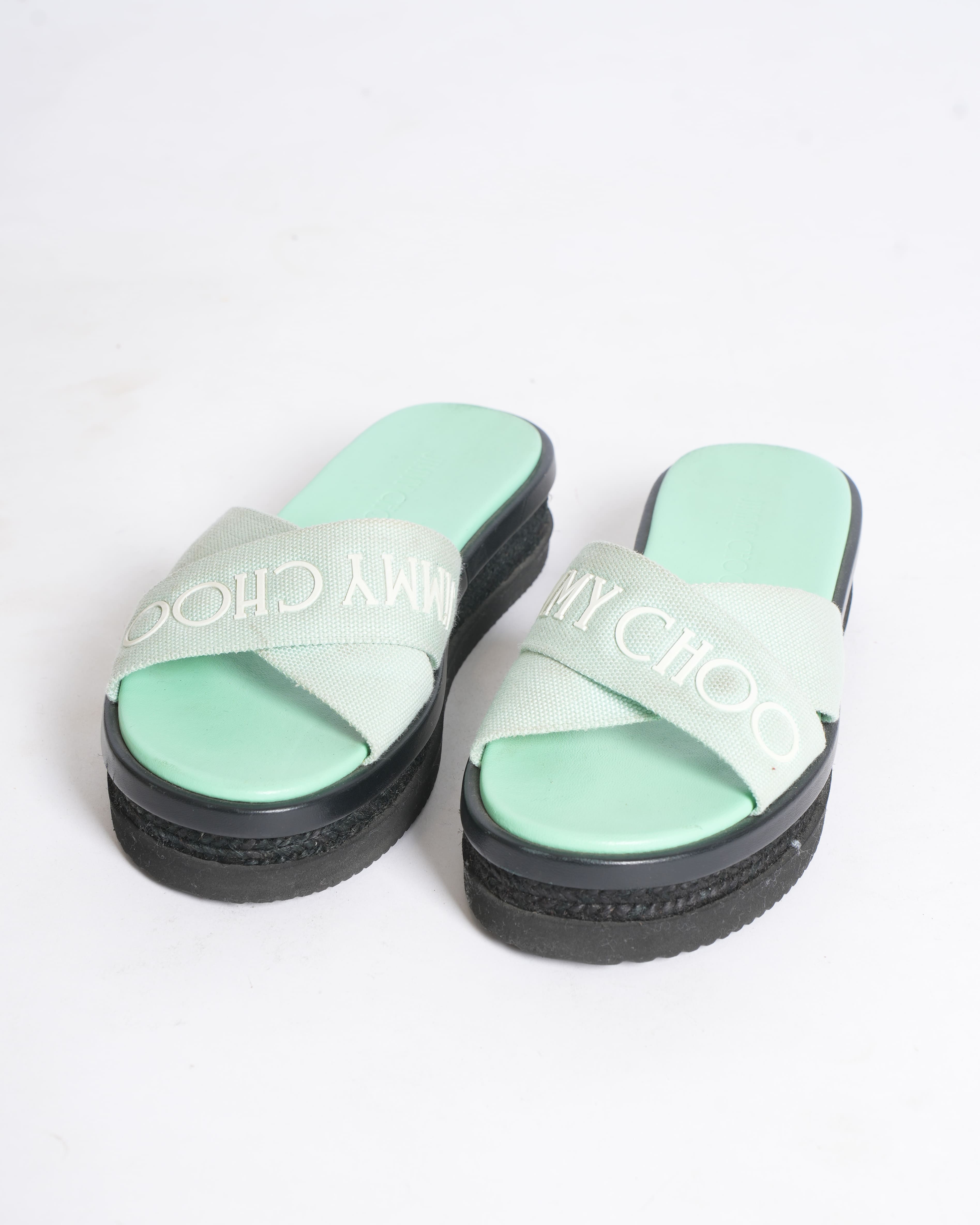 Jimmy choo green canvas logo wedge sandals