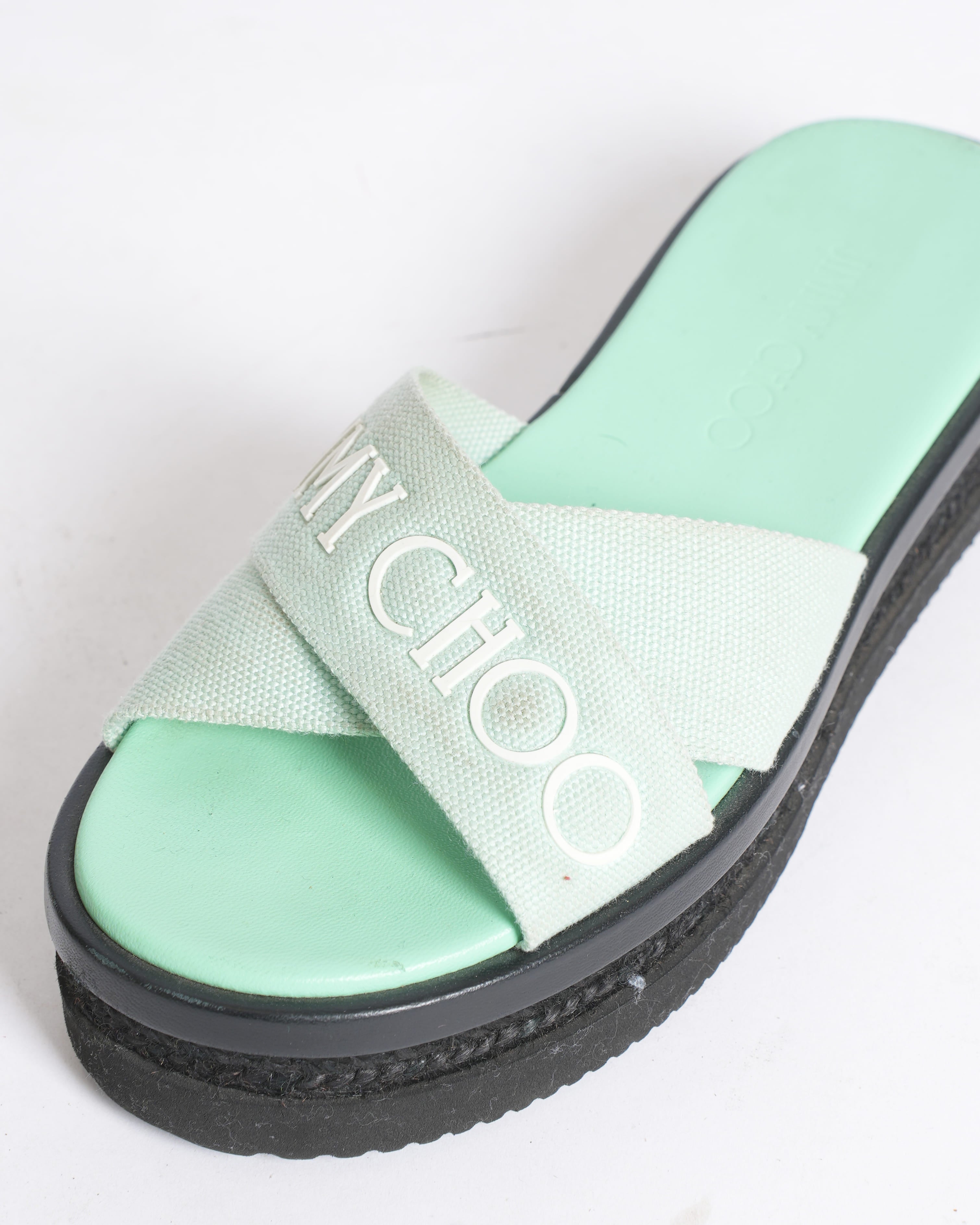 Jimmy choo green canvas logo wedge sandals