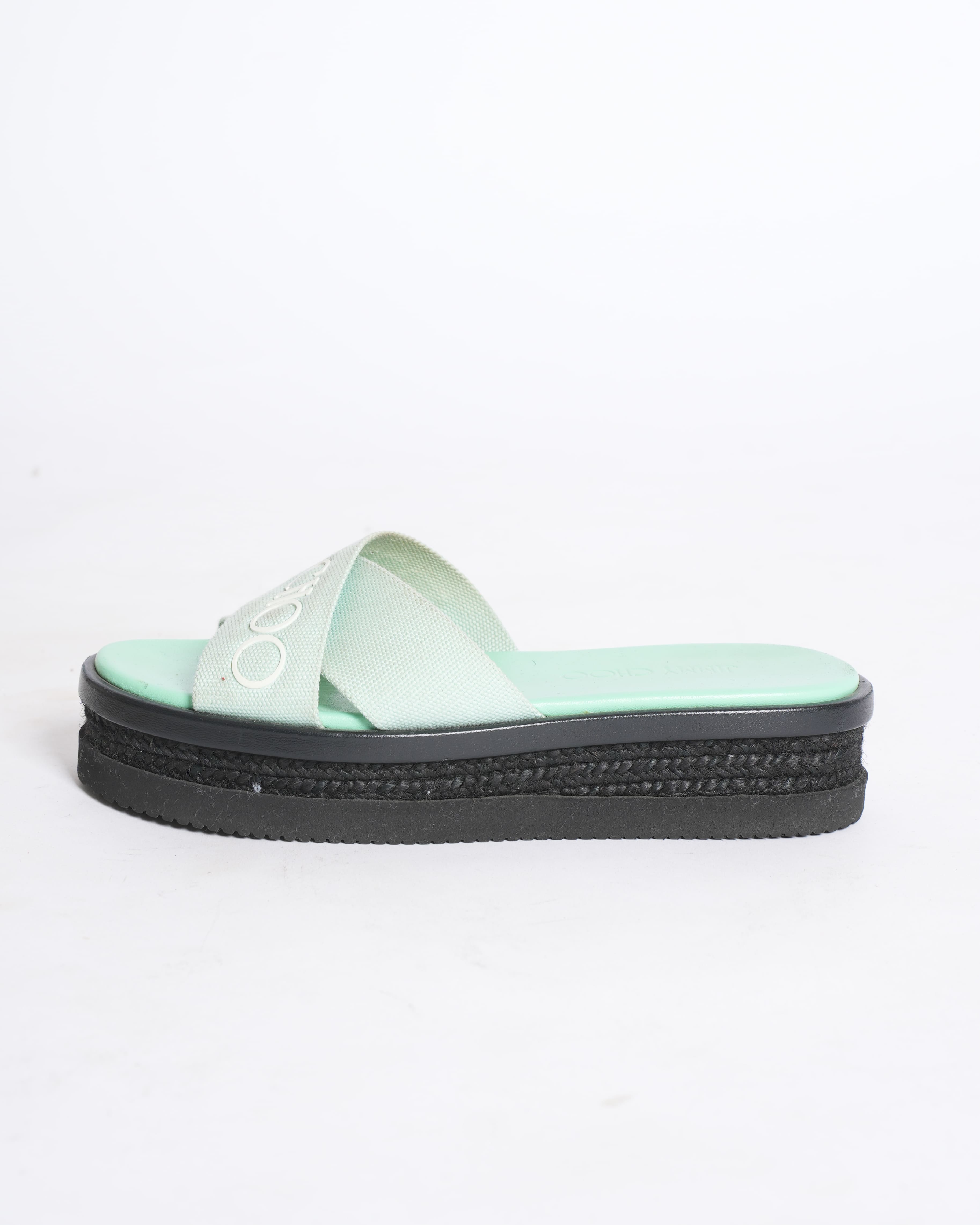 Jimmy choo green canvas logo wedge sandals