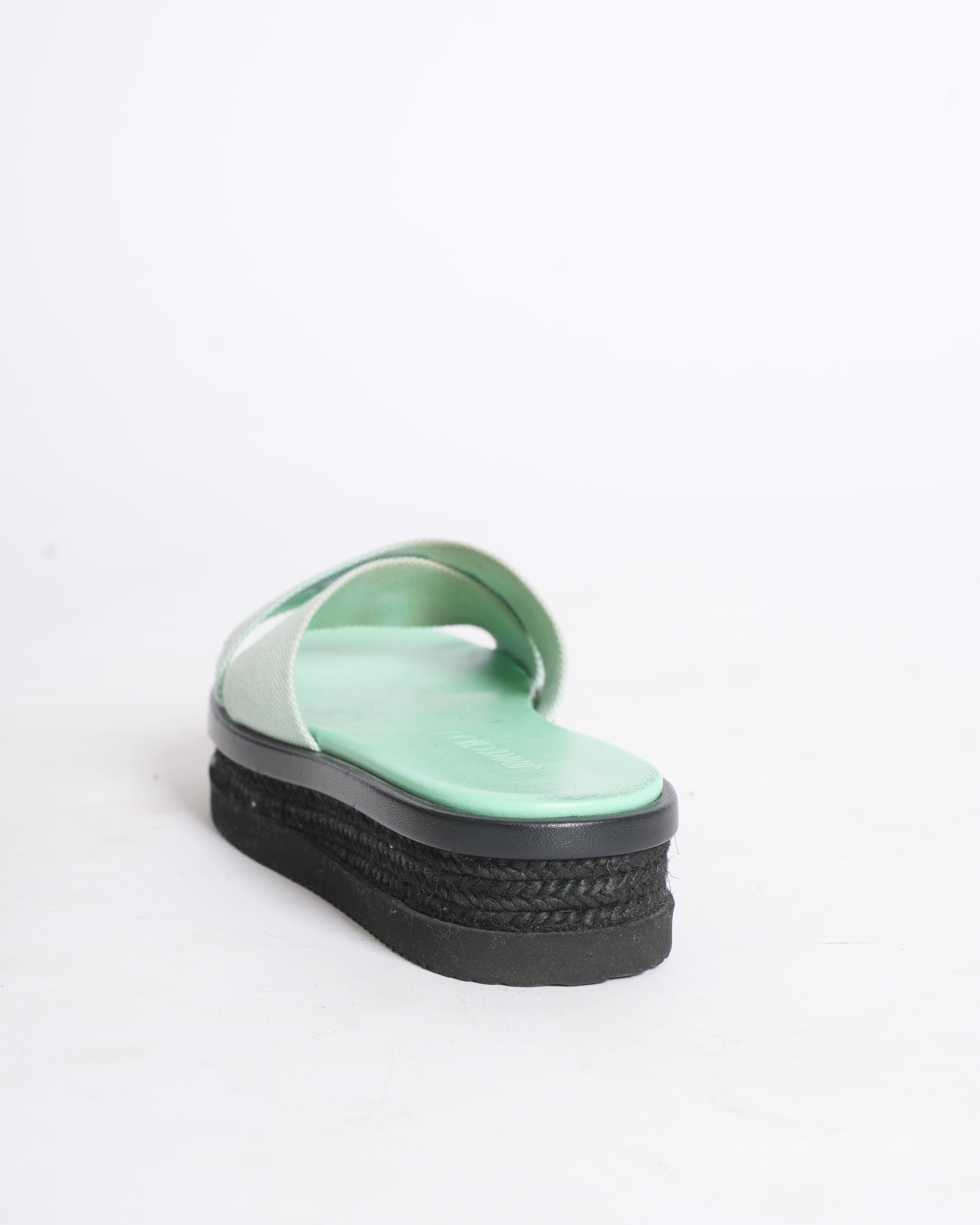 Jimmy choo green canvas logo wedge sandals