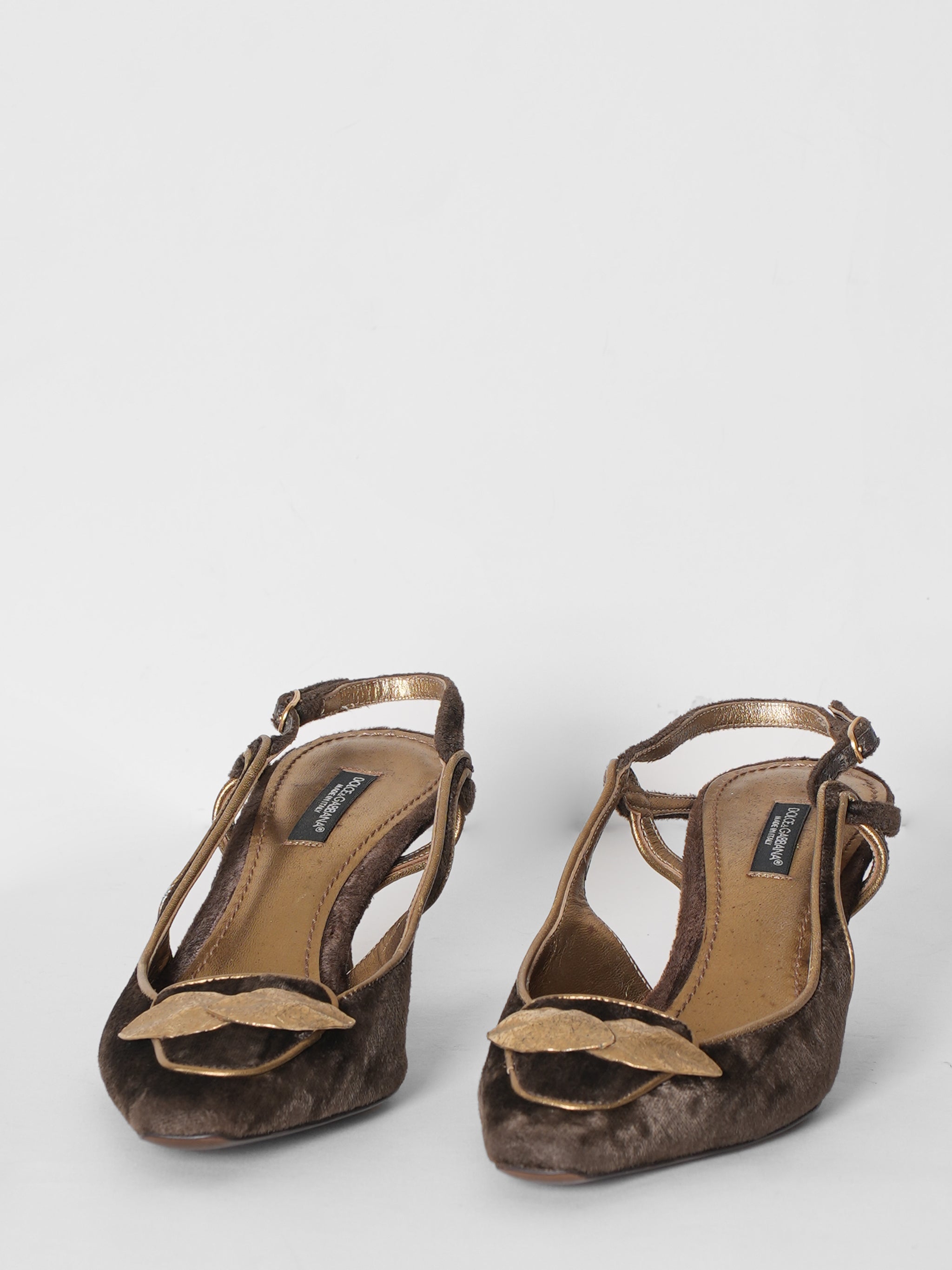 Dolce And Gabbana Vintage Rare Gold Leaf Velvet Heels