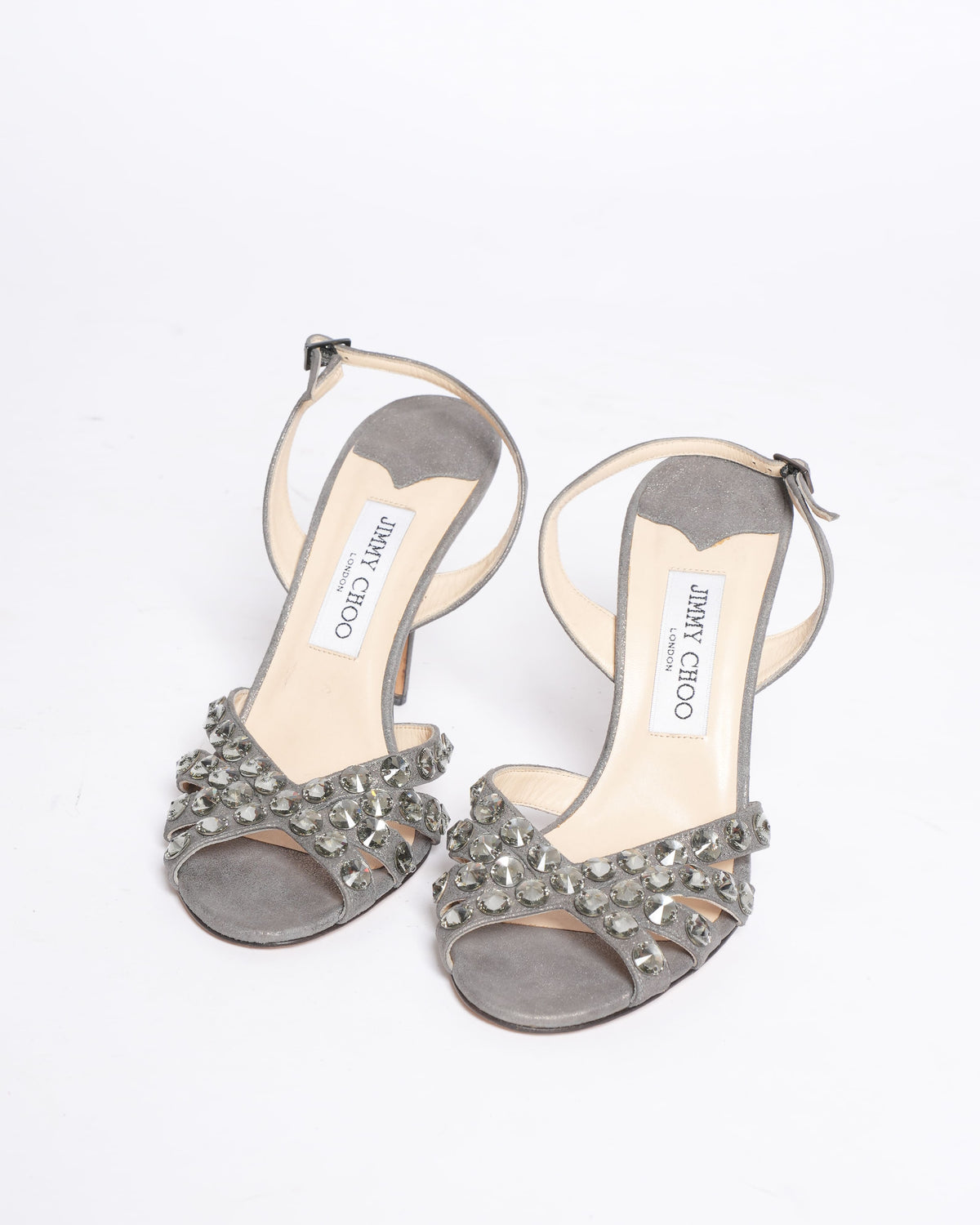 Jimmy Choo Metallic Grey Suede Joni Crystal Embellished Ankle Strap Heels