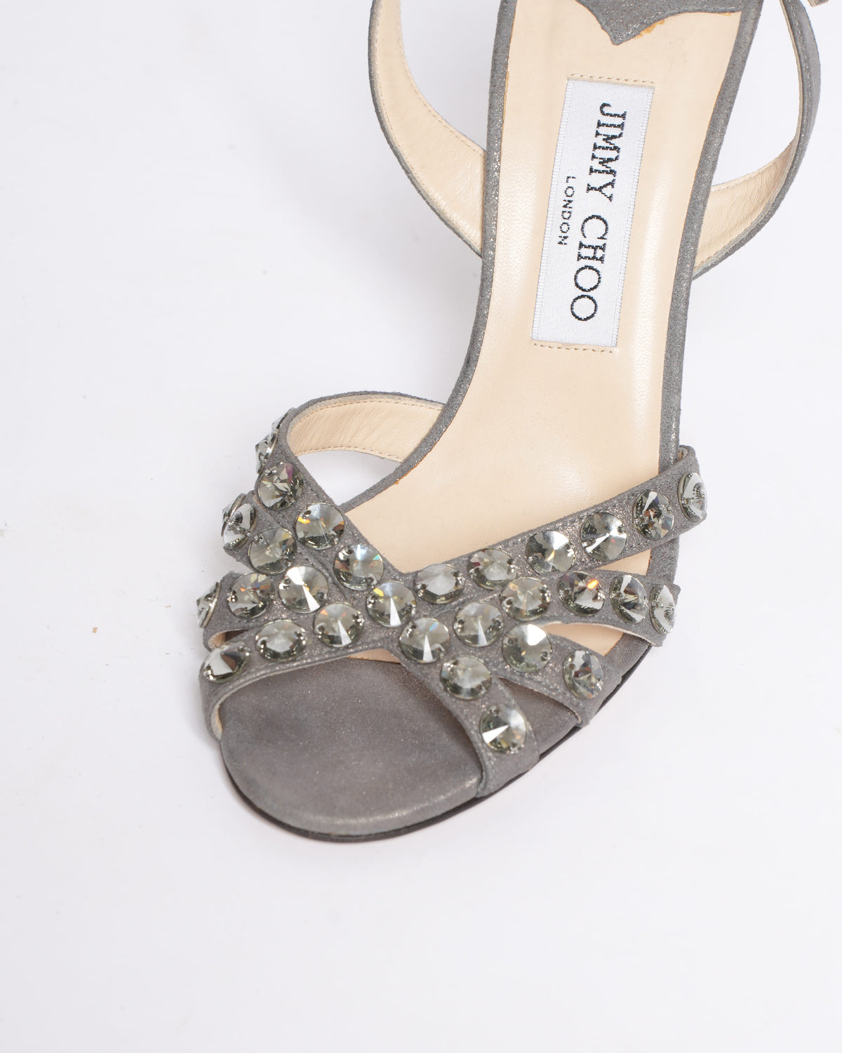 Jimmy Choo Metallic Grey Suede Joni Crystal Embellished Ankle Strap Heels