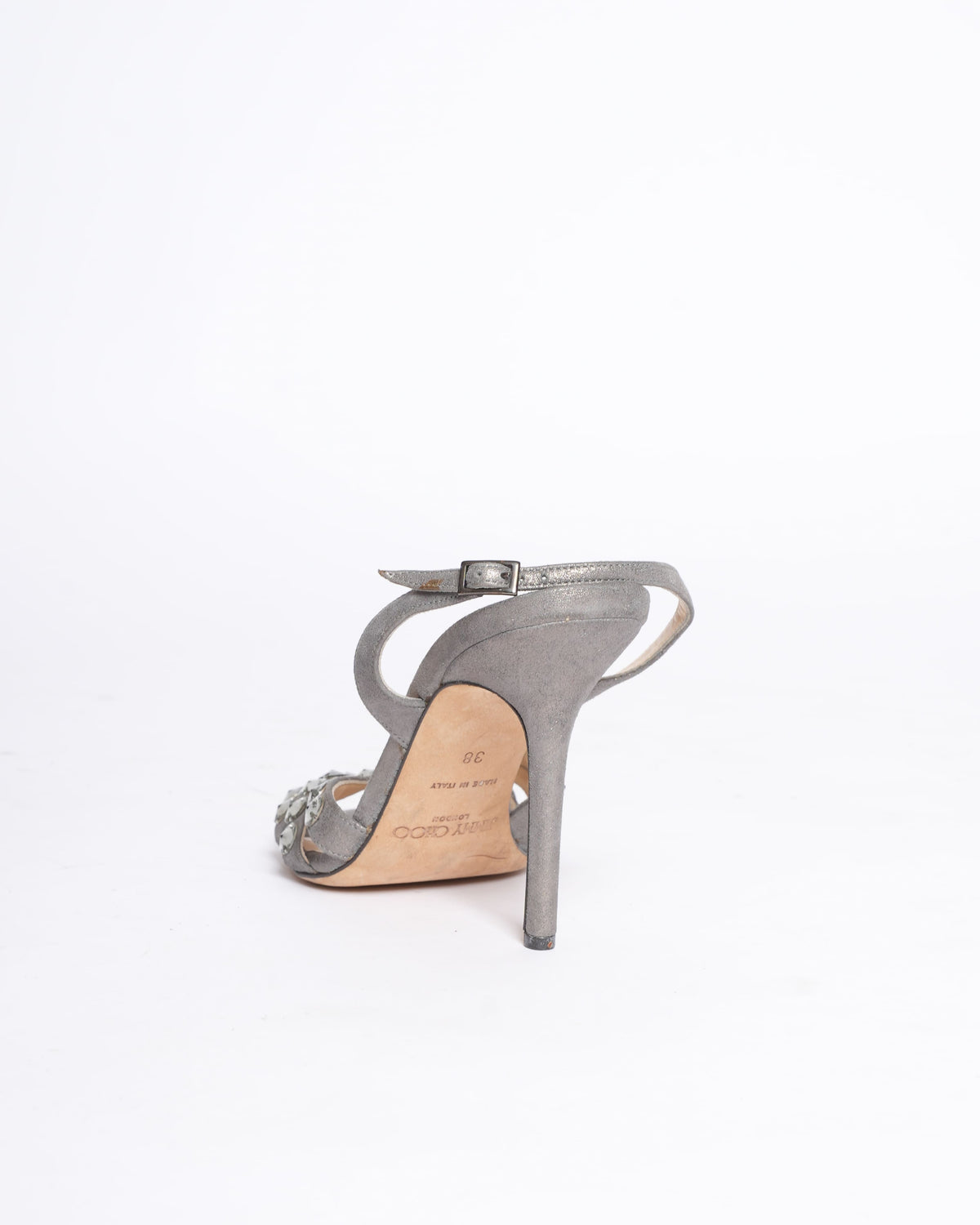 Jimmy Choo Metallic Grey Suede Joni Crystal Embellished Ankle Strap Heels