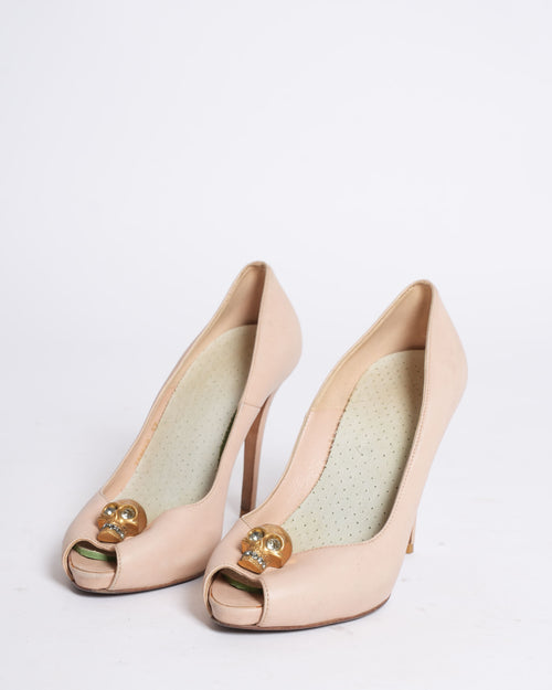 Alexander McQueen Leather Skull Peep Toe Pink Pumps
