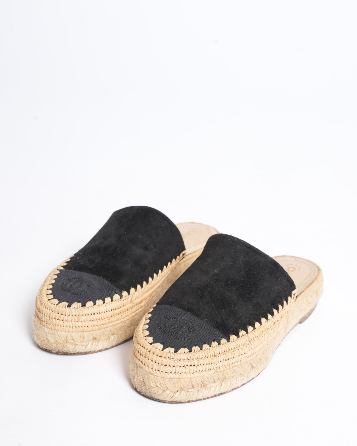 Chanel Black CC Raffia Platform Espadrille Mules