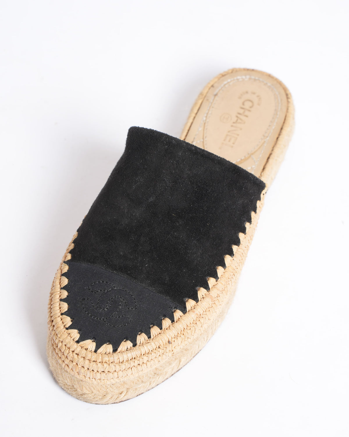 Chanel Black CC Raffia Platform Espadrille Mules