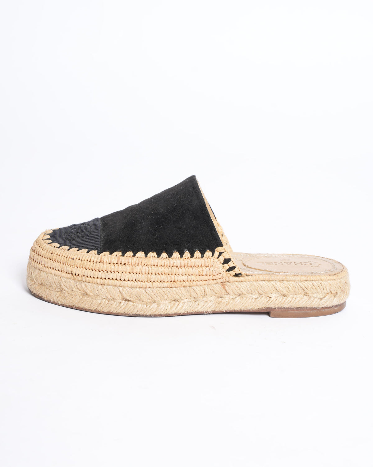 Chanel Black CC Raffia Platform Espadrille Mules