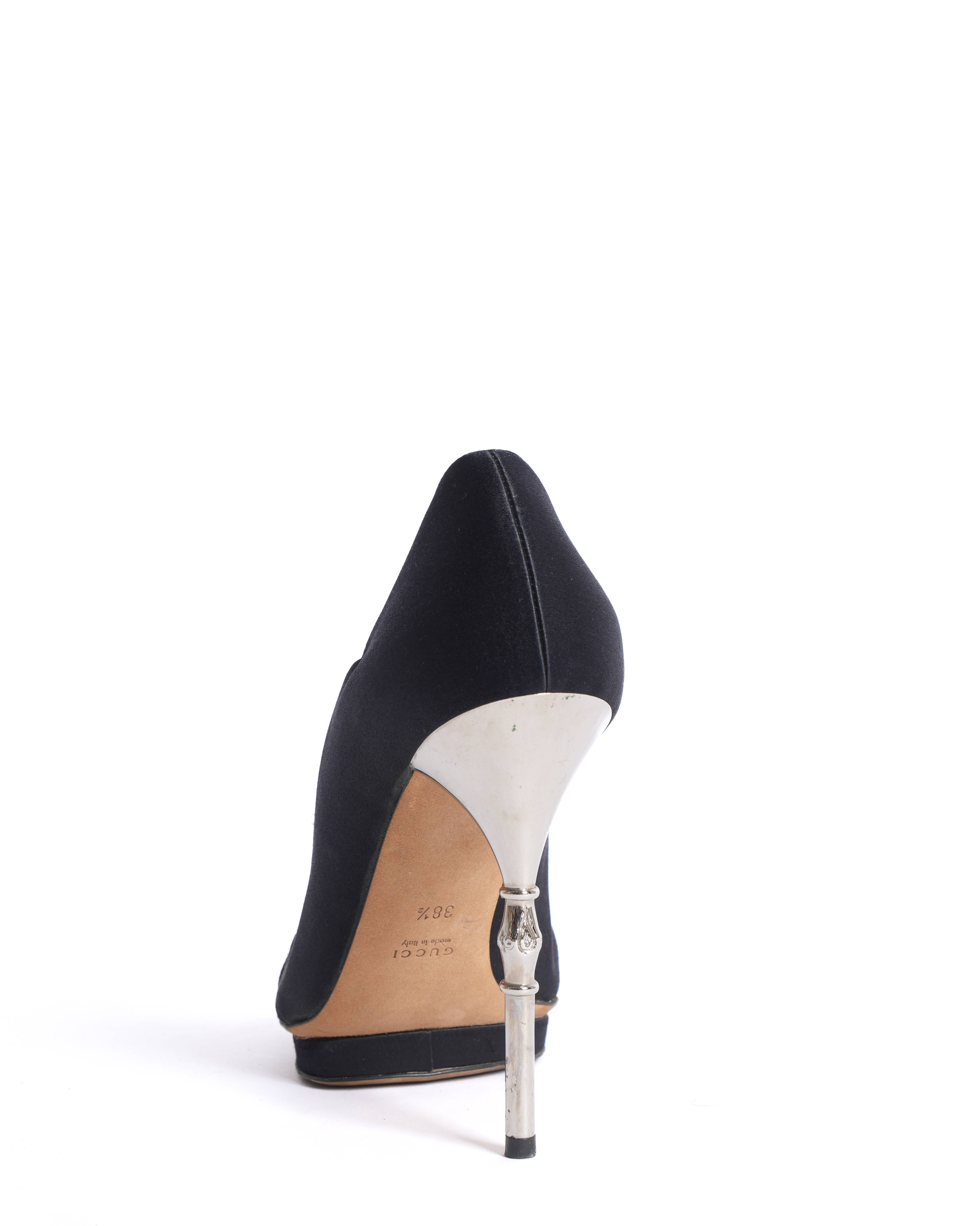 Gucci black satin With Silver Bamboo metal heel pumps