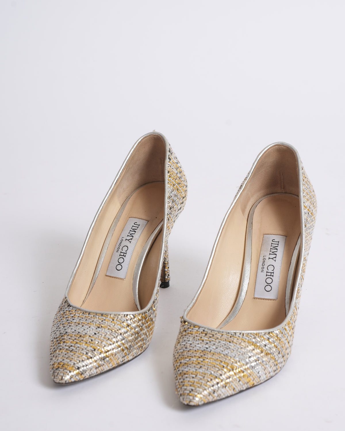 Jimmy Choo Woven Pointy Heels In Golden & SIlver