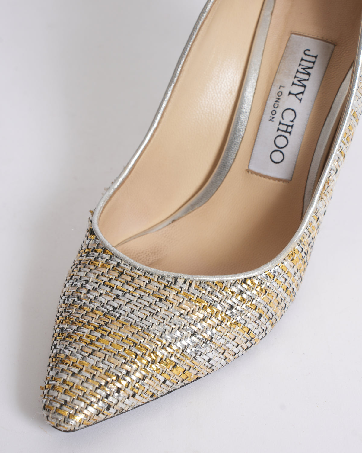 Jimmy Choo Woven Pointy Heels In Golden & SIlver