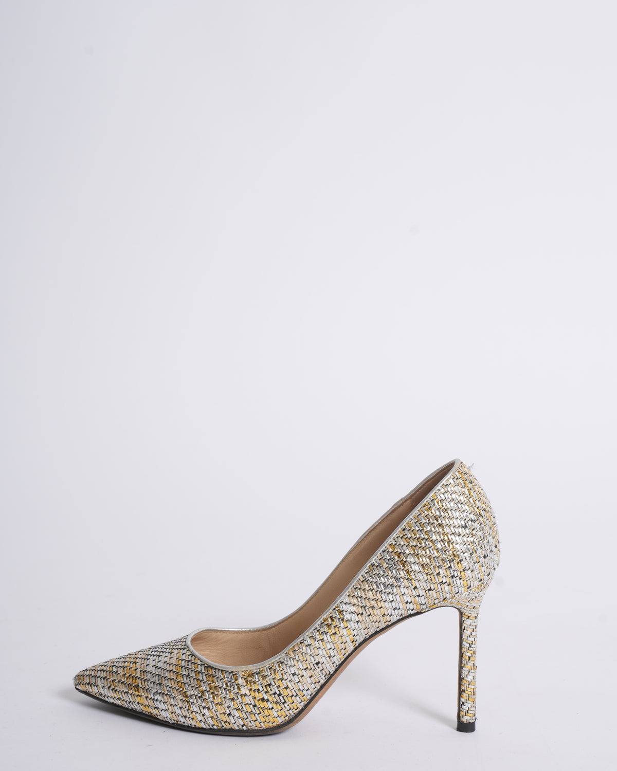 Jimmy Choo Woven Pointy Heels In Golden & SIlver
