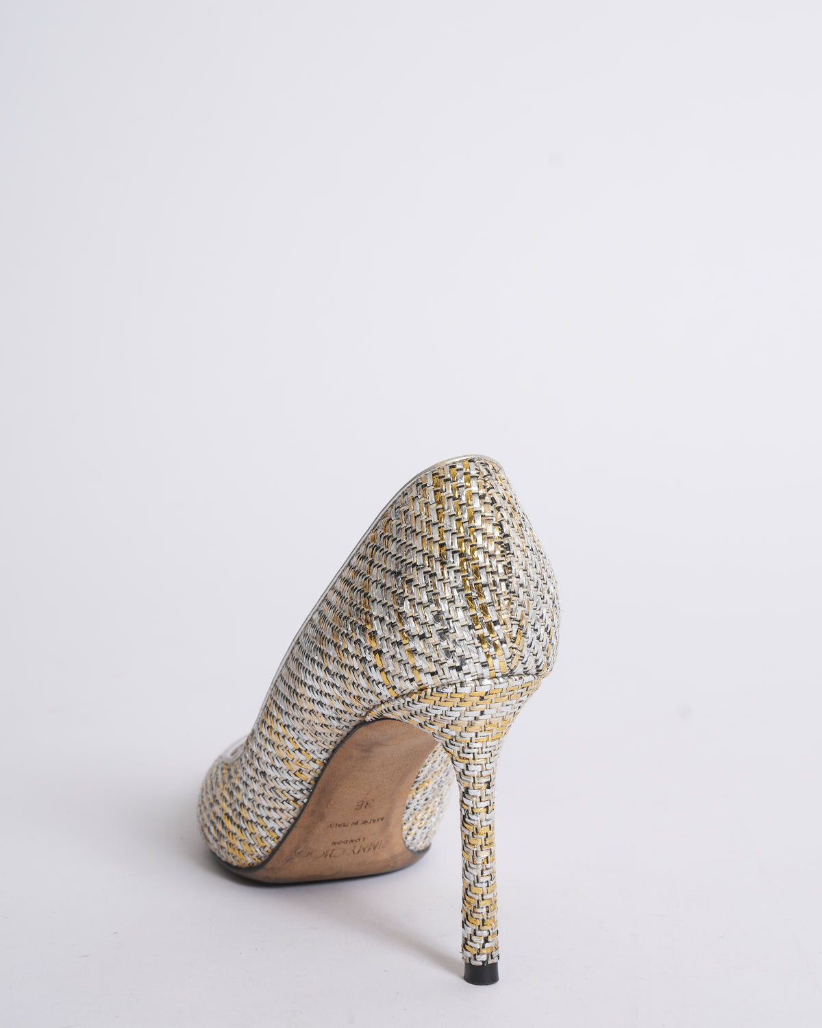 Jimmy Choo Woven Pointy Heels In Golden & SIlver