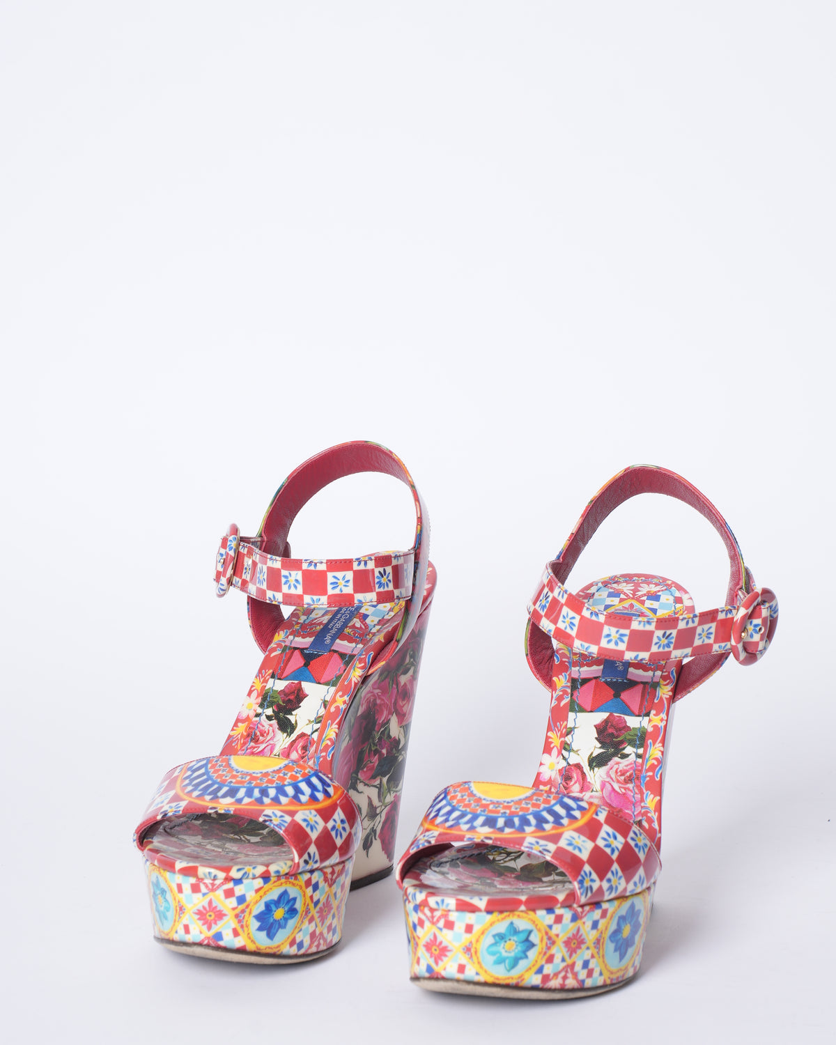 Dolce & Gabanna Multicolour Printed Leaher Wedge Platform Ankle Strap Sandals