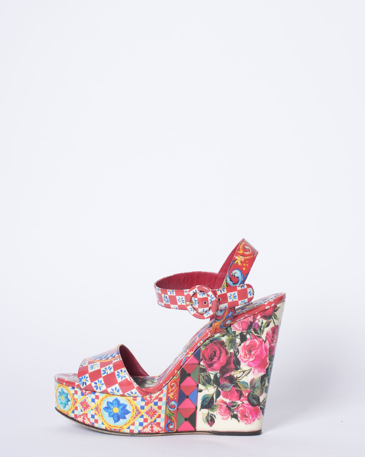 Dolce & Gabanna Multicolour Printed Leaher Wedge Platform Ankle Strap Sandals