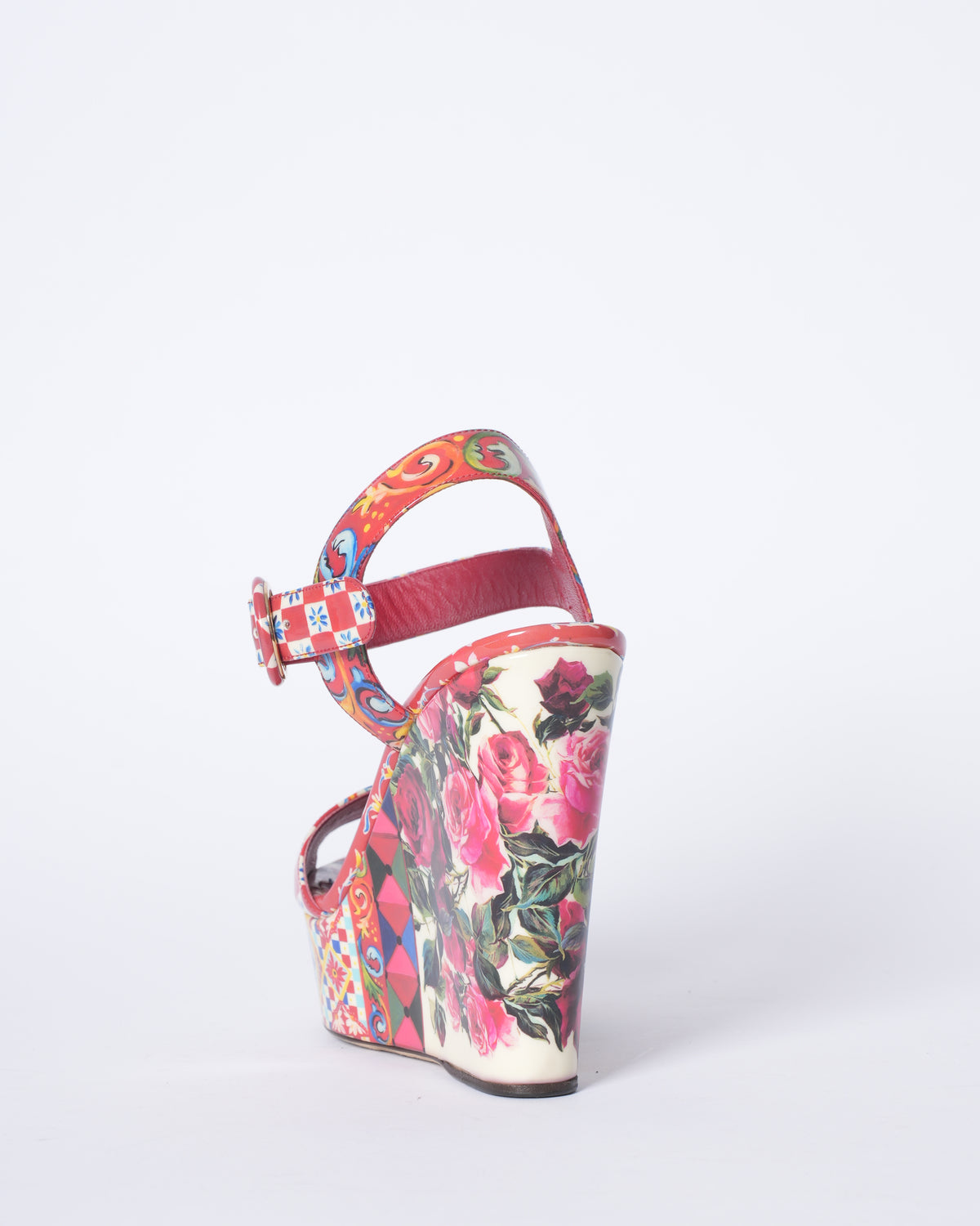 Dolce & Gabanna Multicolour Printed Leaher Wedge Platform Ankle Strap Sandals