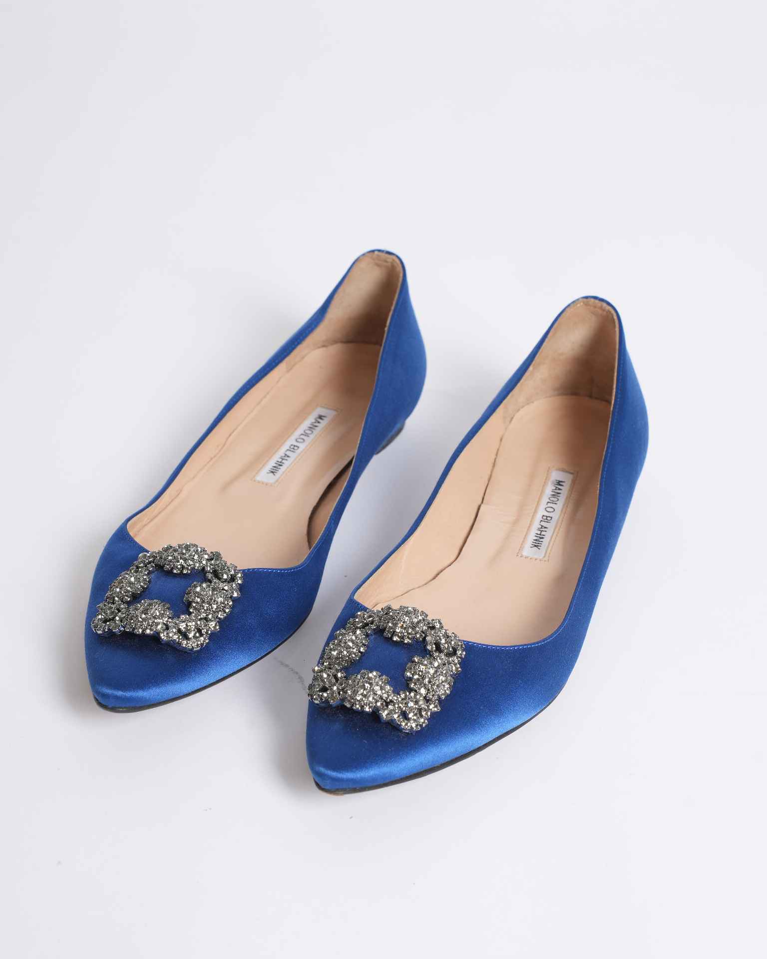 Manolo Blahnik Satin Jeweled Buckle Almond-Toe Flat Pumps