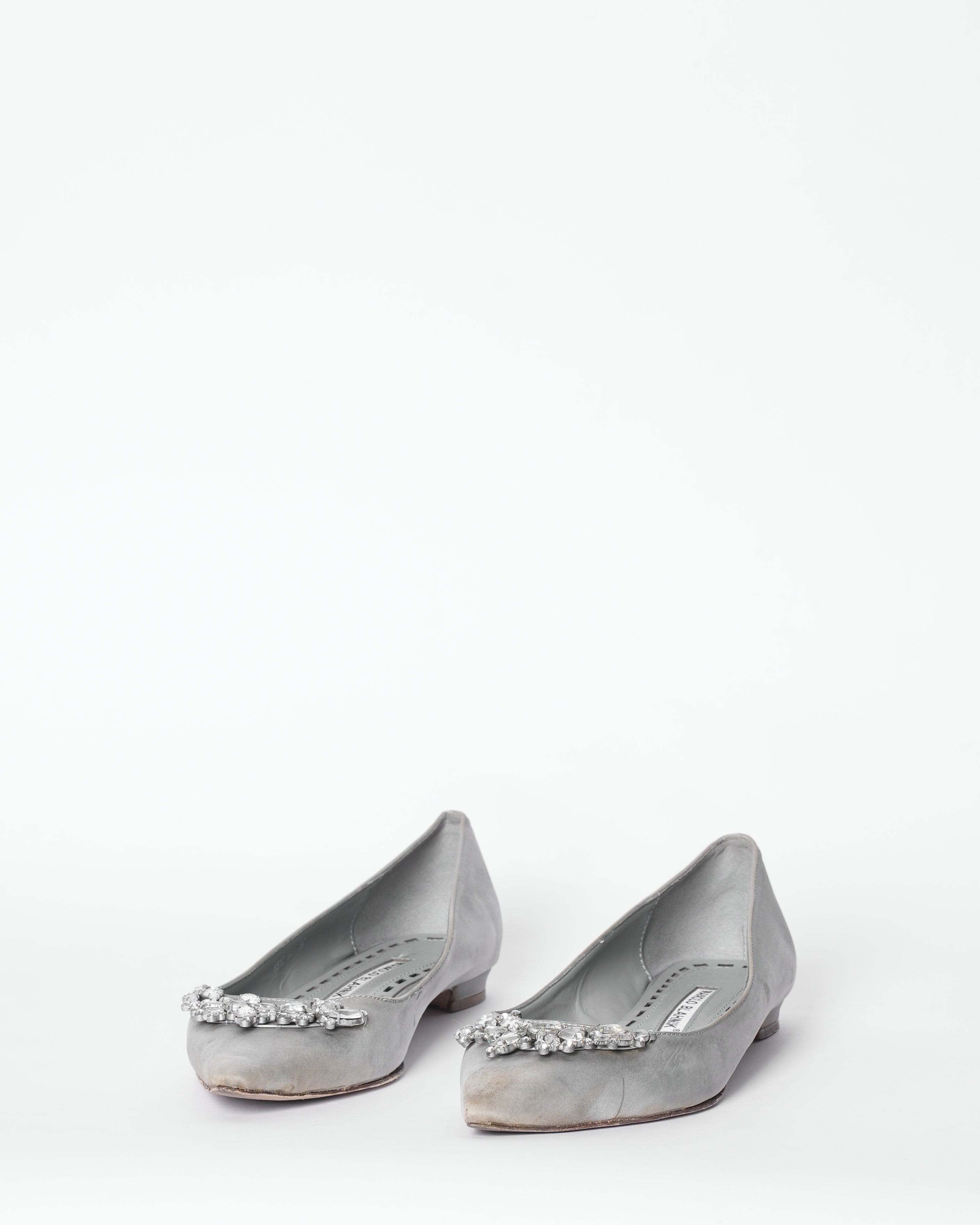 Manolo Blahnik Grey Satin Crystal Embellished Pumps