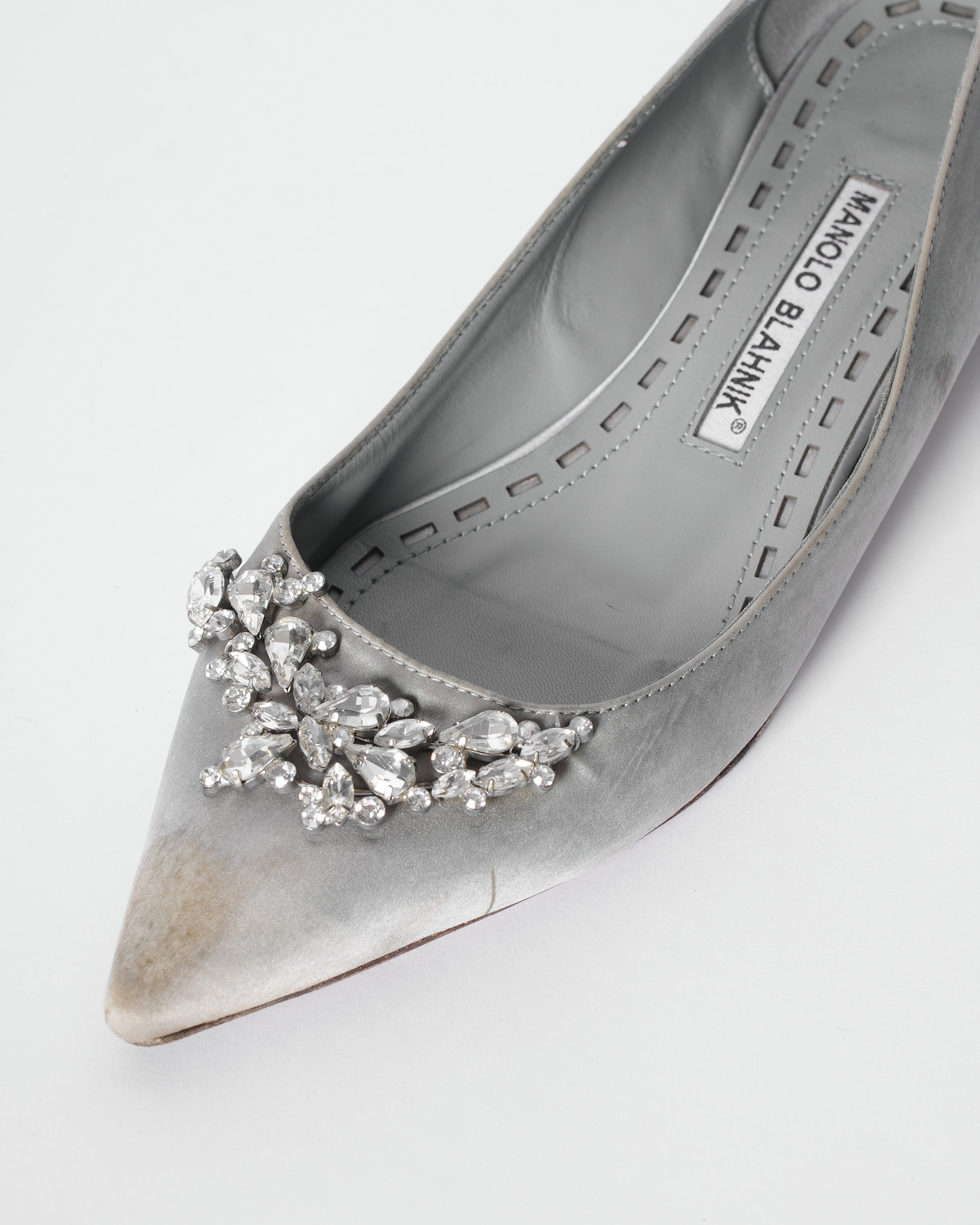 Manolo Blahnik Grey Satin Crystal Embellished Pumps