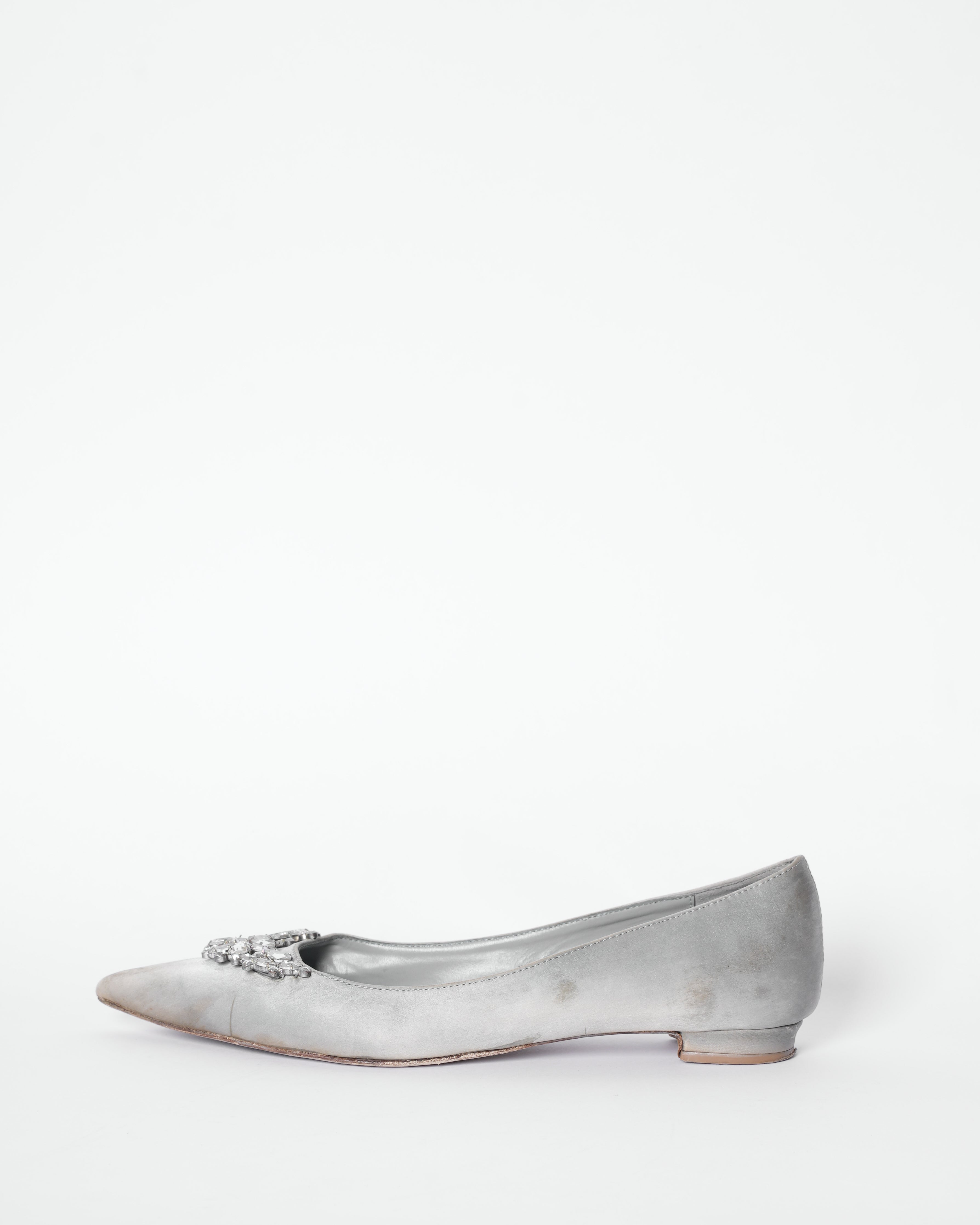 Manolo Blahnik Grey Satin Crystal Embellished Pumps