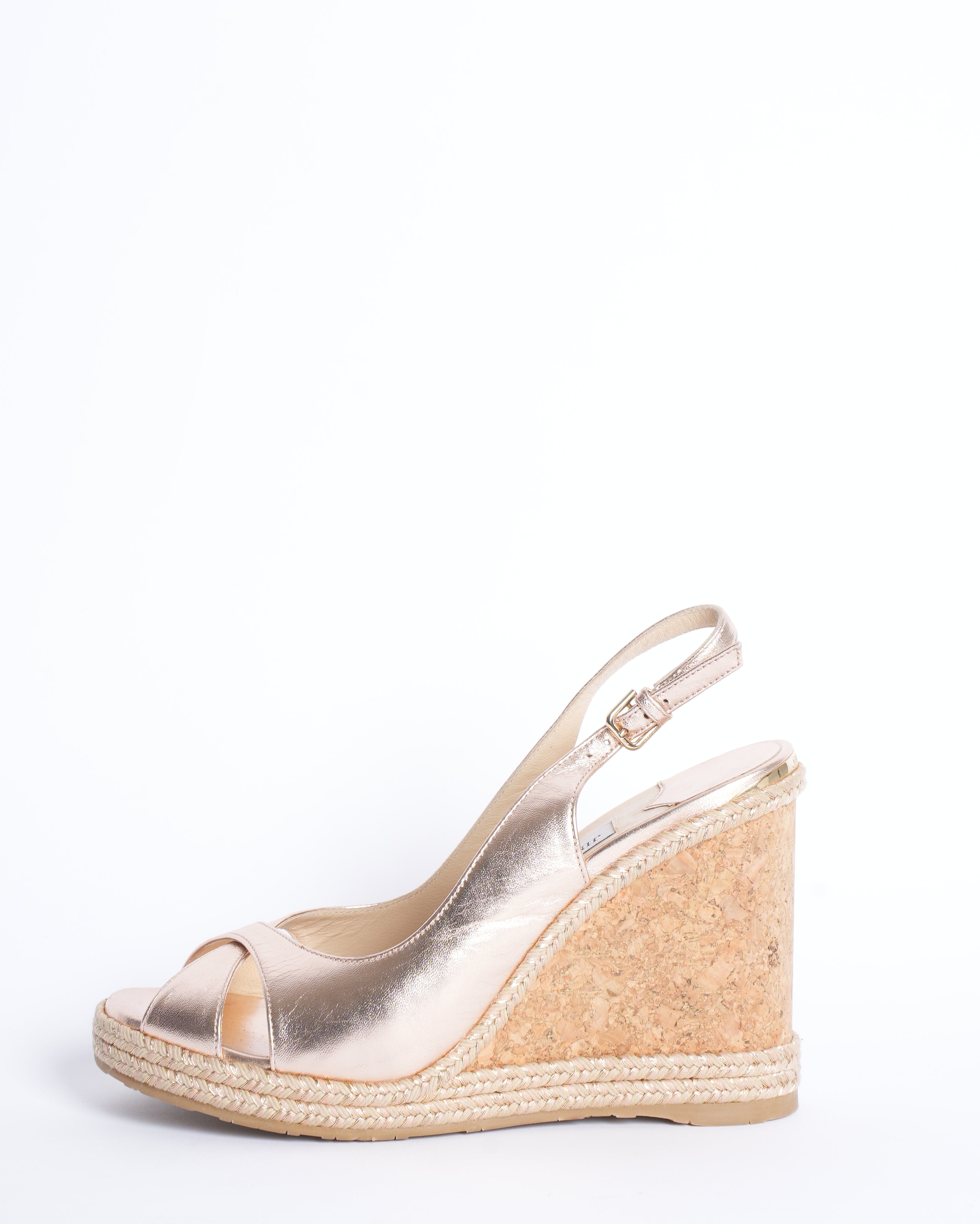 Jimmy Choo Metallic Leather Prima Cork Wedge Slides Sandals