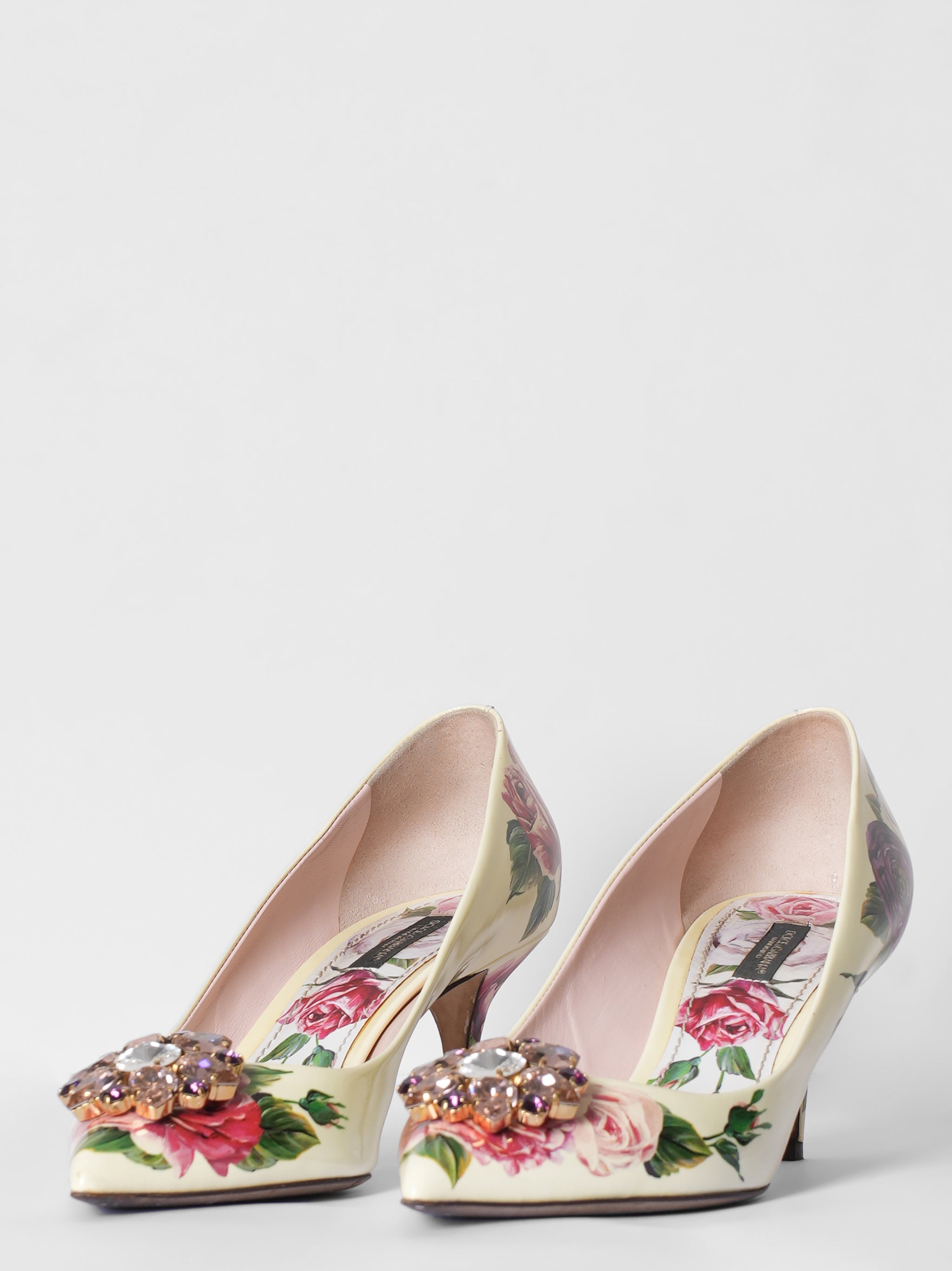 Dolce & Gabbana Floral Print Leaher Crystal Embellished Pumps