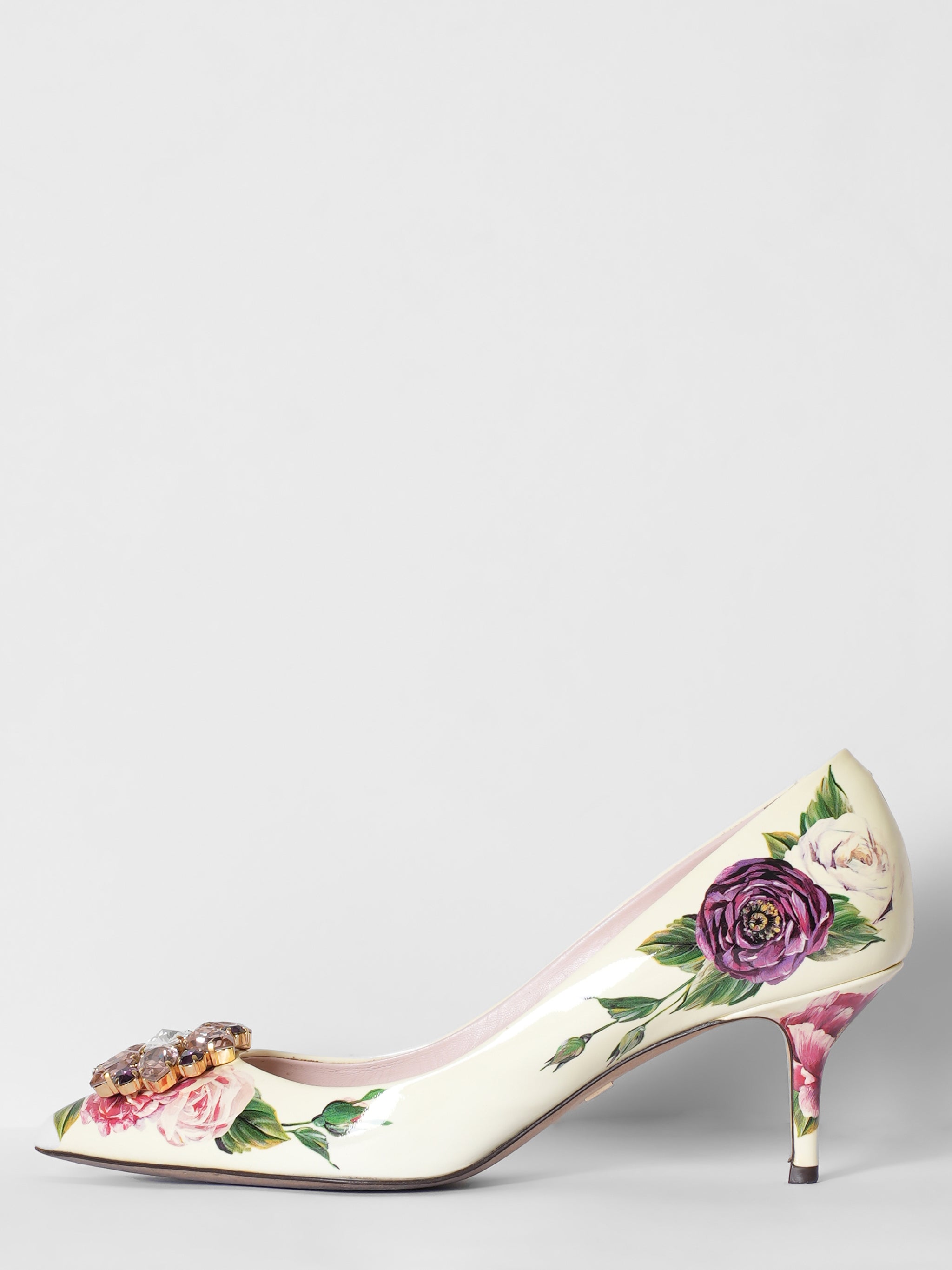 Dolce & Gabbana Floral Print Leaher Crystal Embellished Pumps