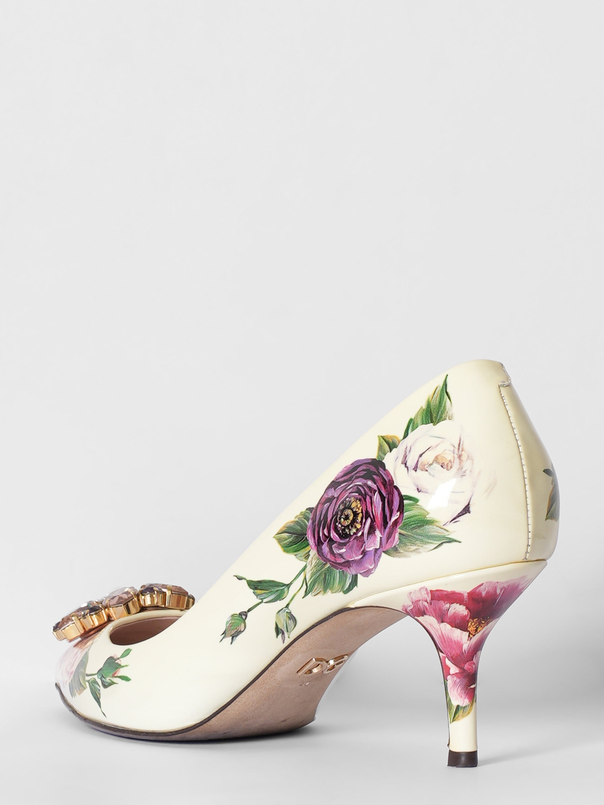 Dolce & Gabbana Floral Print Leaher Crystal Embellished Pumps