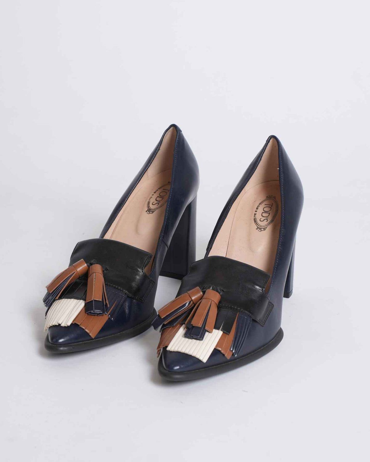 Tod's Black & Brown Cream Leather Fringe Loafer Pumps