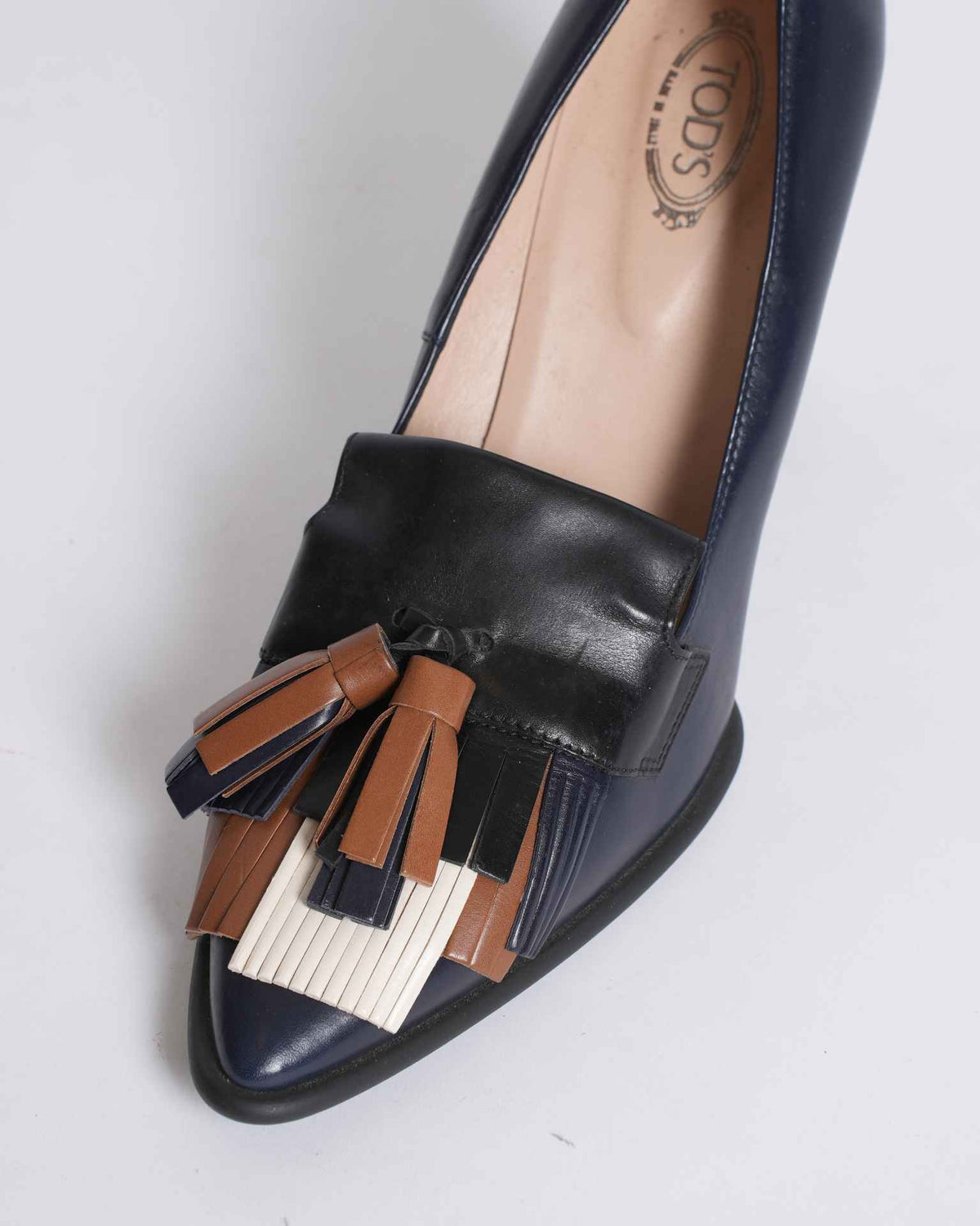 Tod's Black & Brown Cream Leather Fringe Loafer Pumps