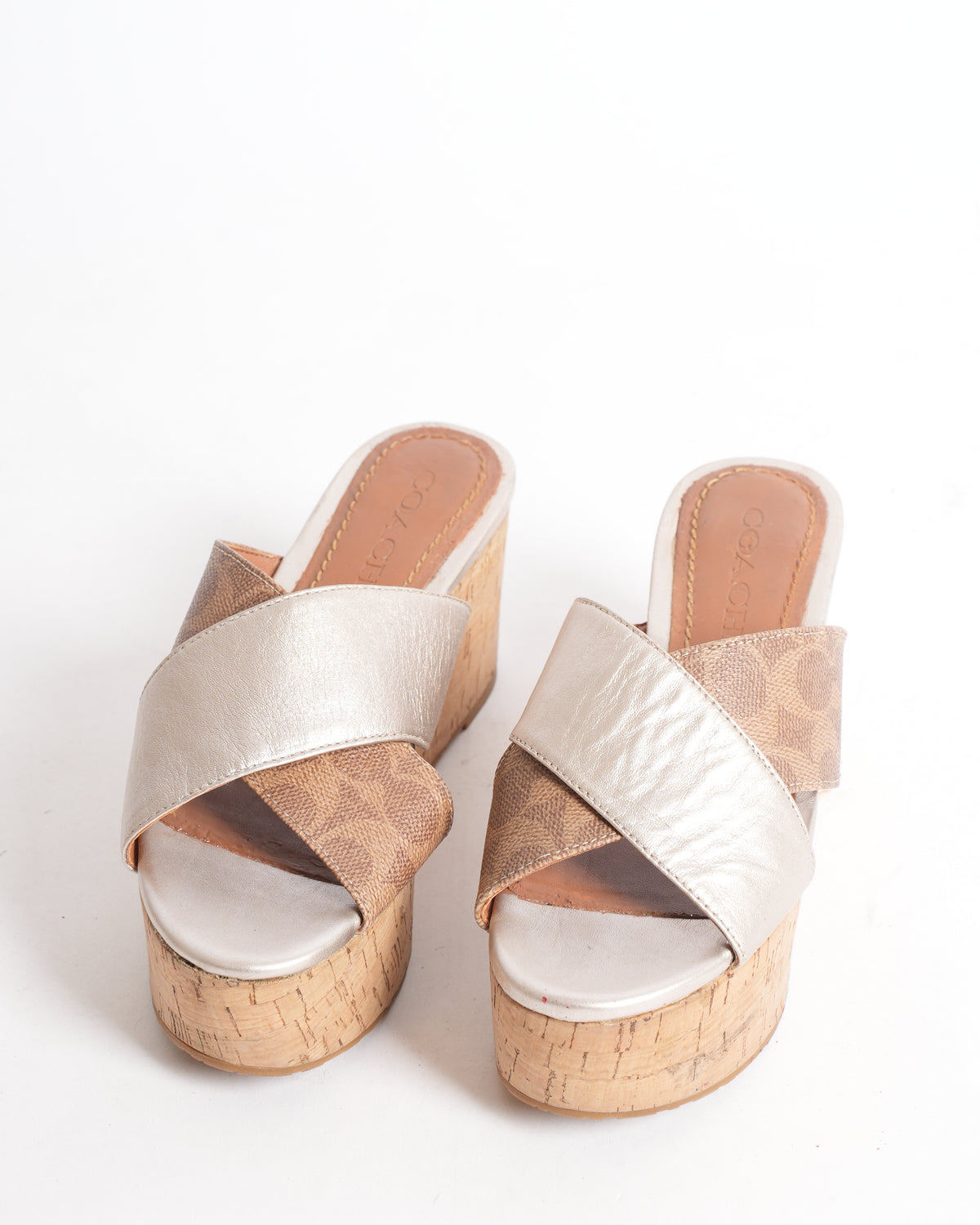 Coach Gold Monogram Wedge Platform Heels