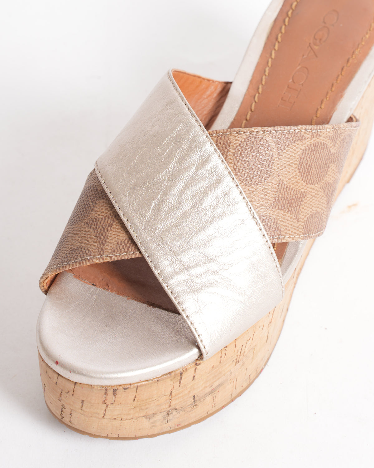 Coach Gold Monogram Wedge Platform Heels