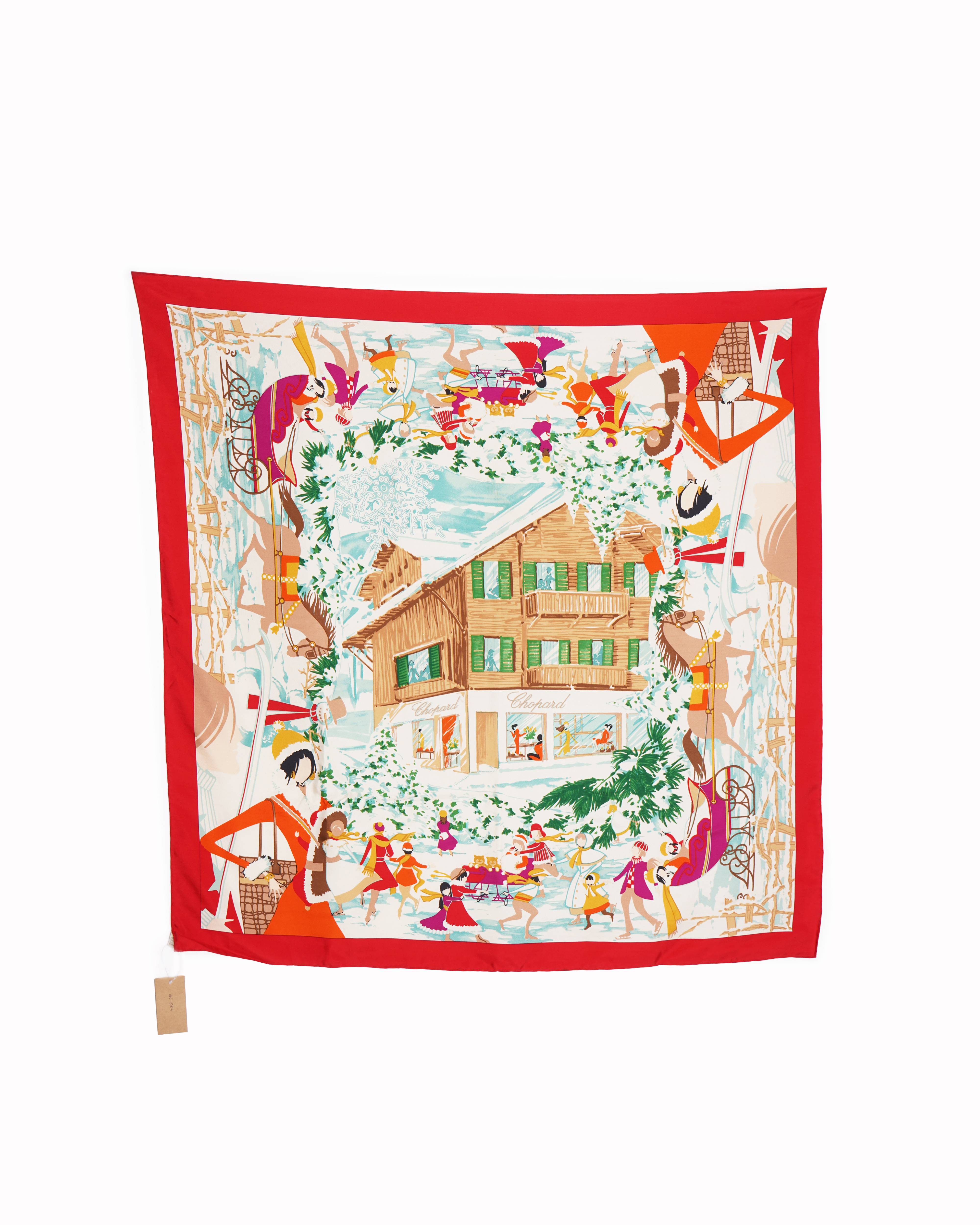 New Chopard Silk Printed Scarf In Orange-Red