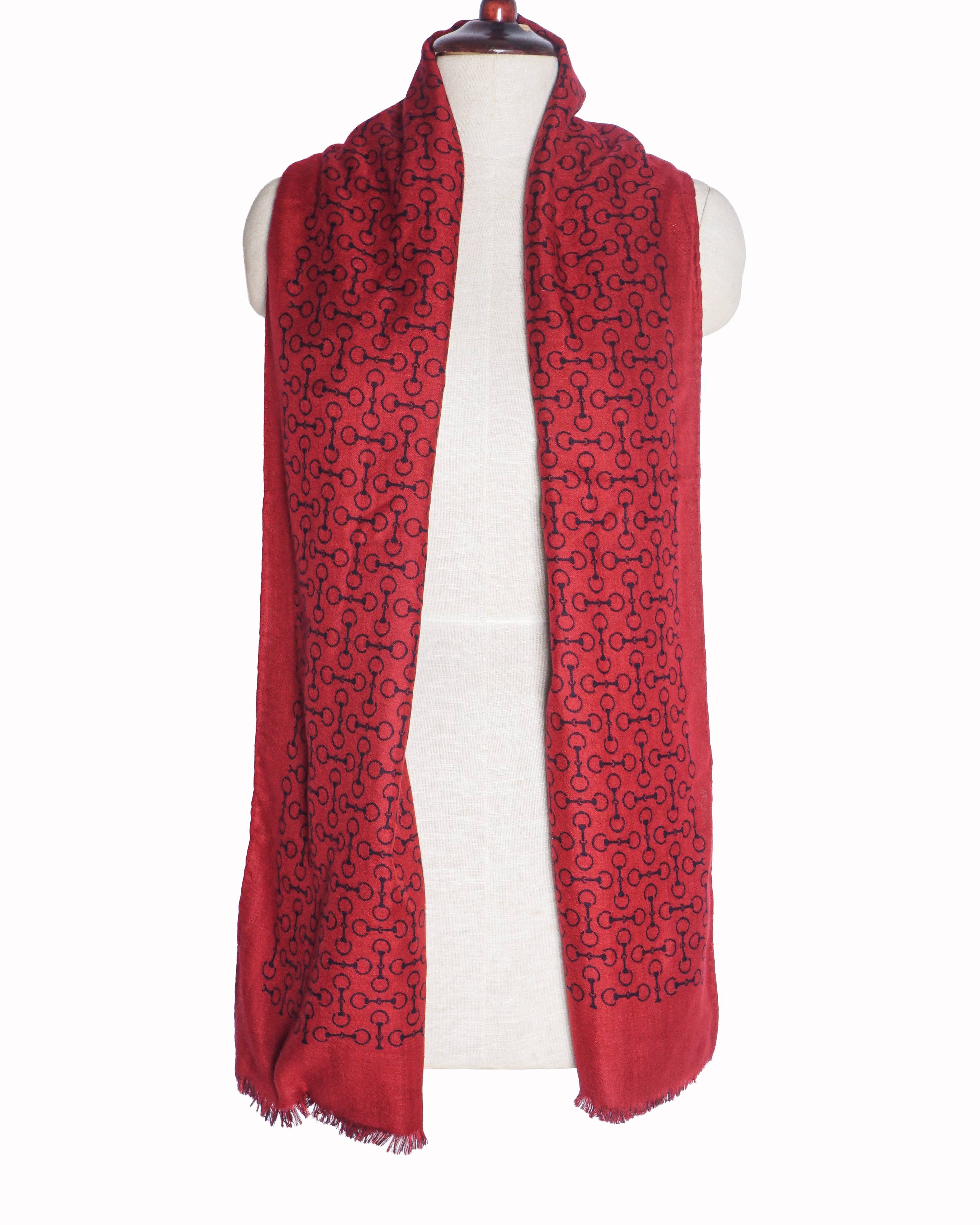Hermès Red & Ink Bkue Silk Wool Mors de Filet Horse Bit Scarf