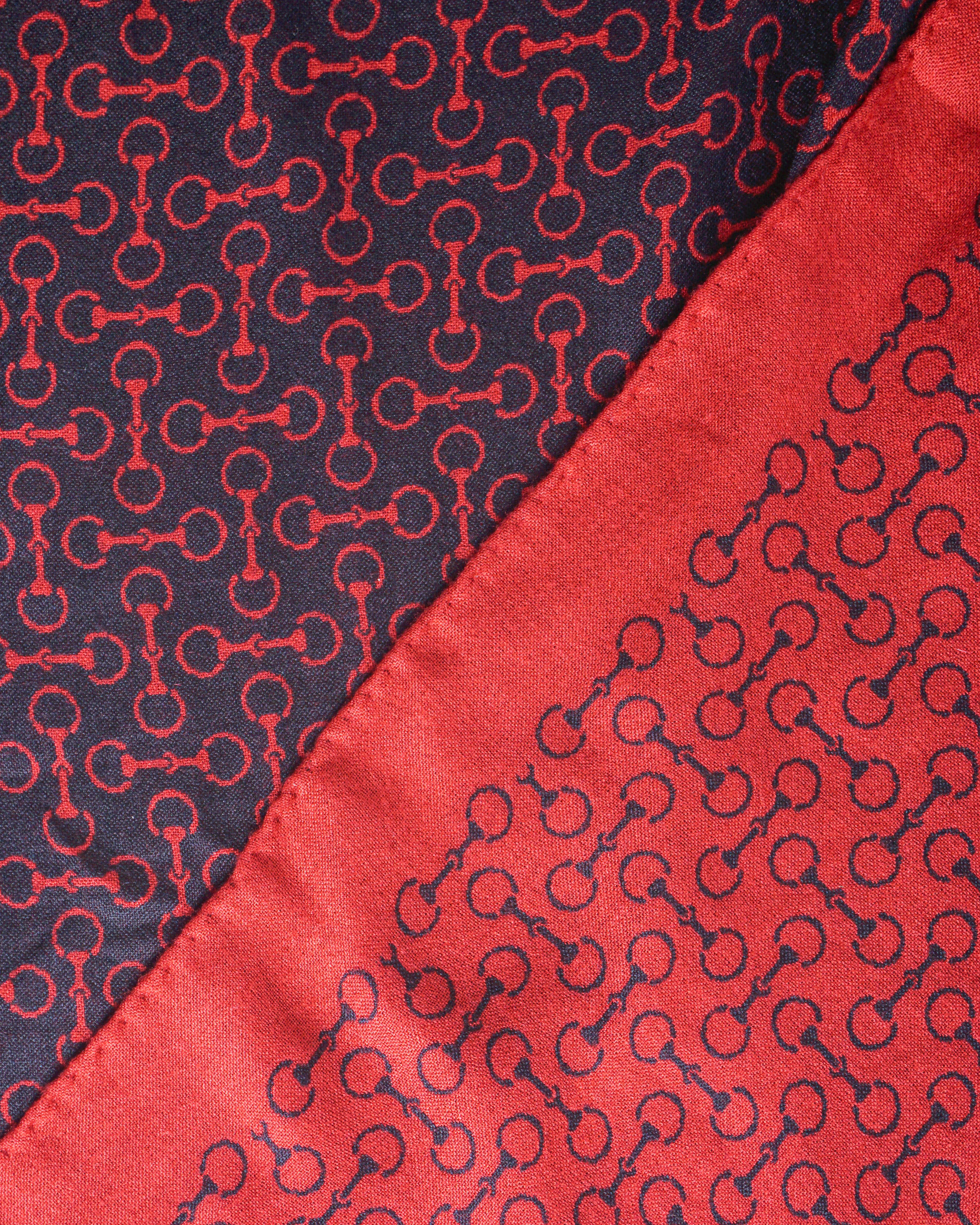 Hermès Red & Ink Bkue Silk Wool Mors de Filet Horse Bit Scarf