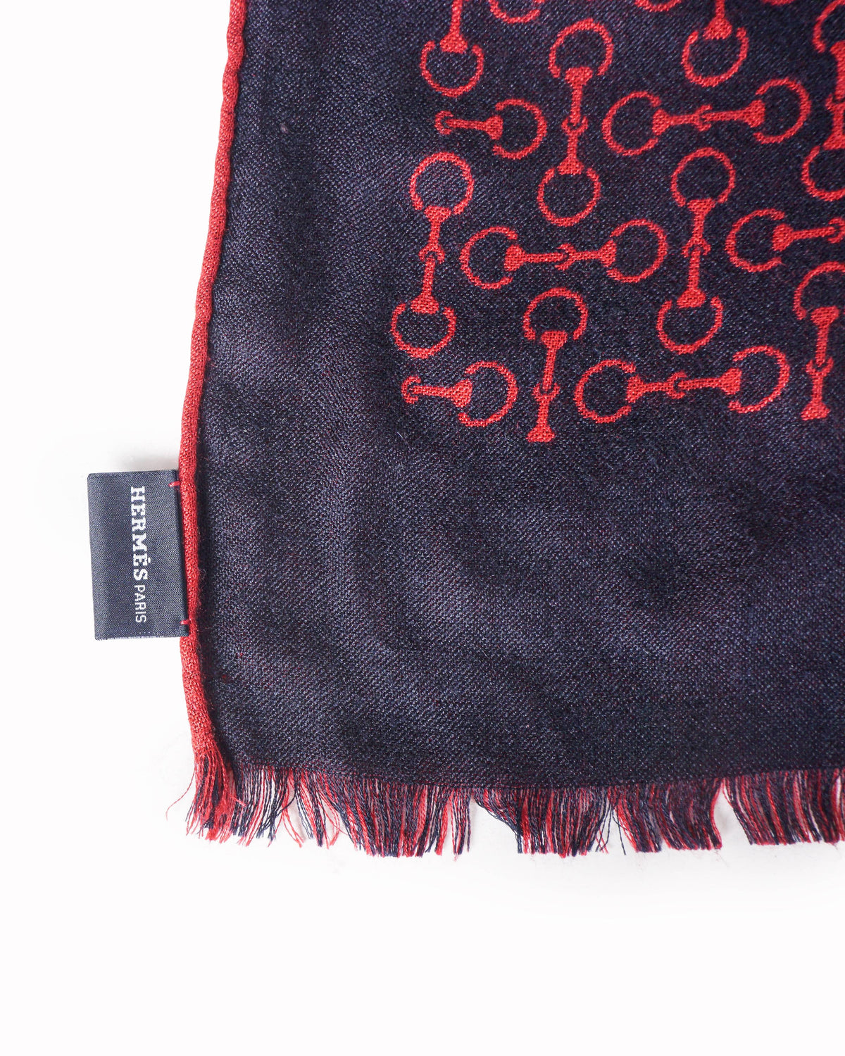 Hermès Red & Ink Bkue Silk Wool Mors de Filet Horse Bit Scarf