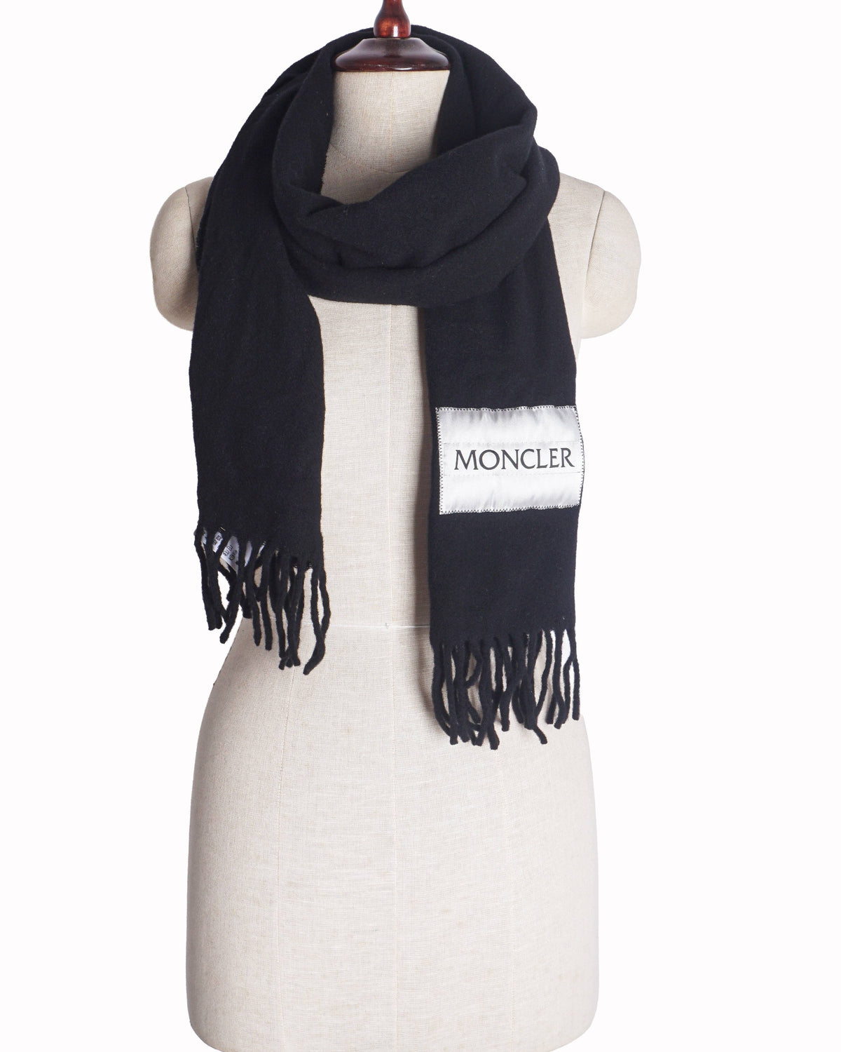 Moncler Black Virgin Wool Logo Patch Fringe Scarf