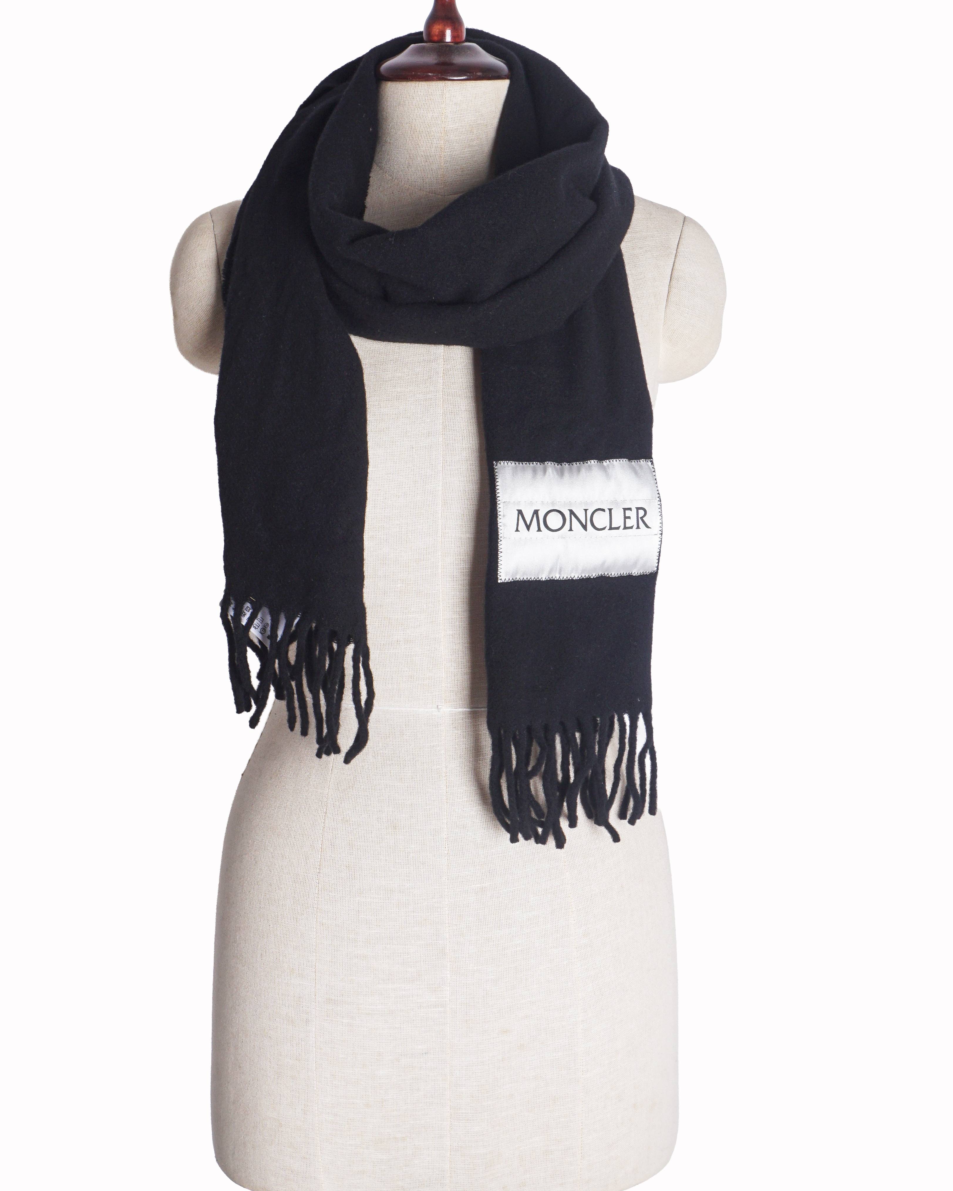 Moncler Black Virgin Wool Logo Patch Fringe Scarf