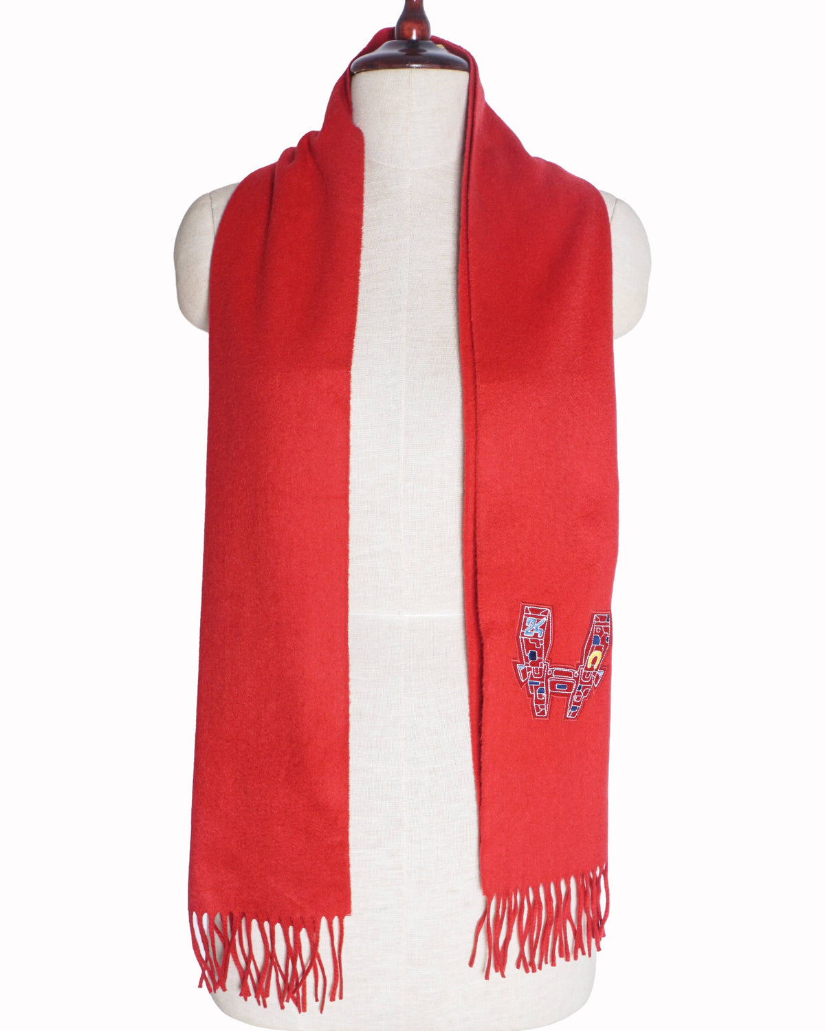 Hermès Red 100% Cashmere Embroidered Logo Fringe Scarf