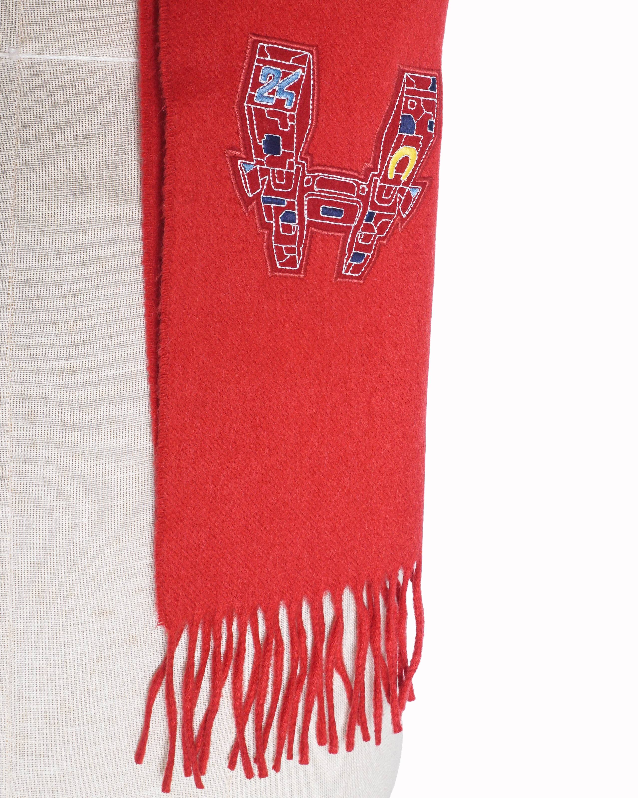 Hermès Red 100% Cashmere Embroidered Logo Fringe Scarf