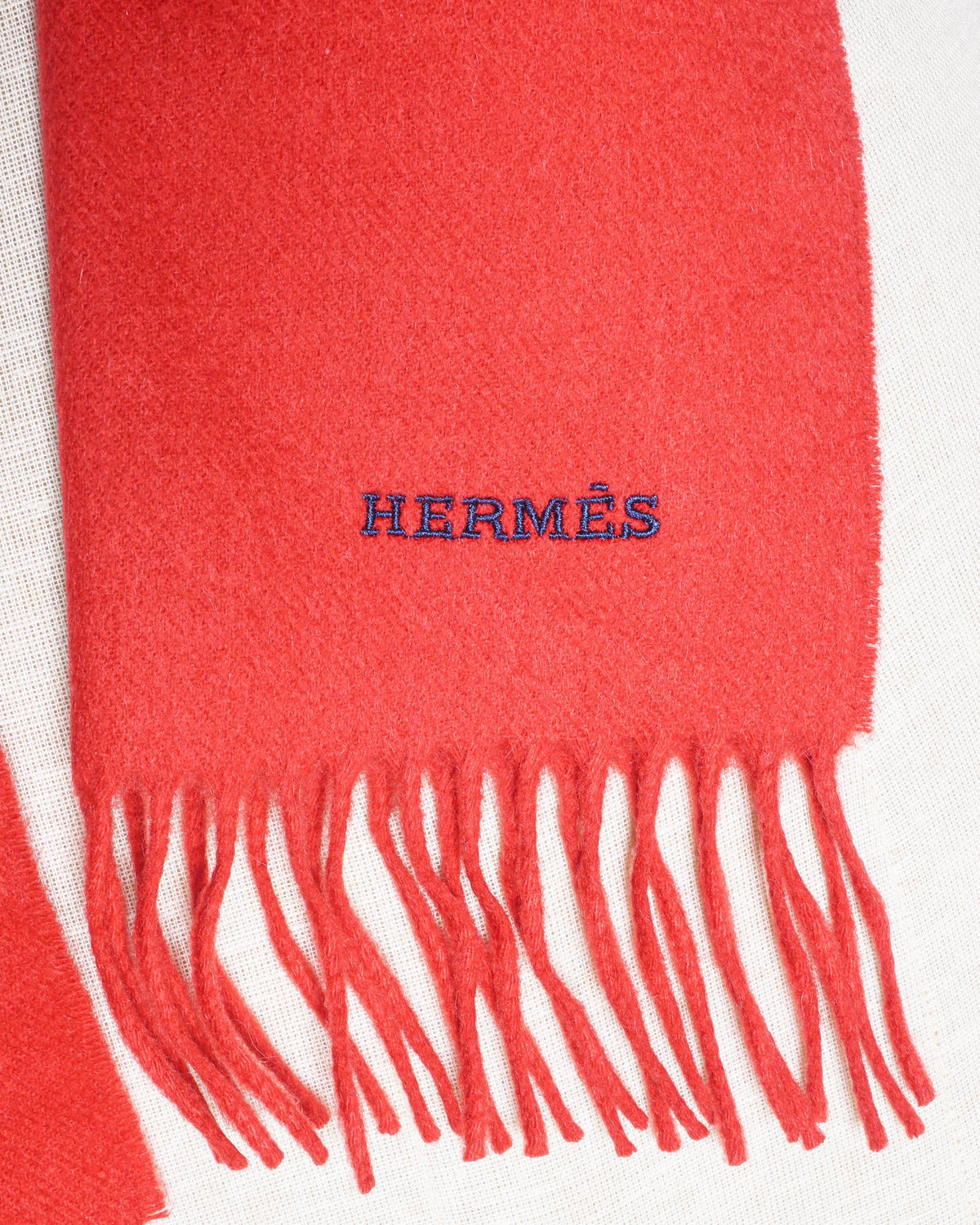 Hermès Red 100% Cashmere Embroidered Logo Fringe Scarf