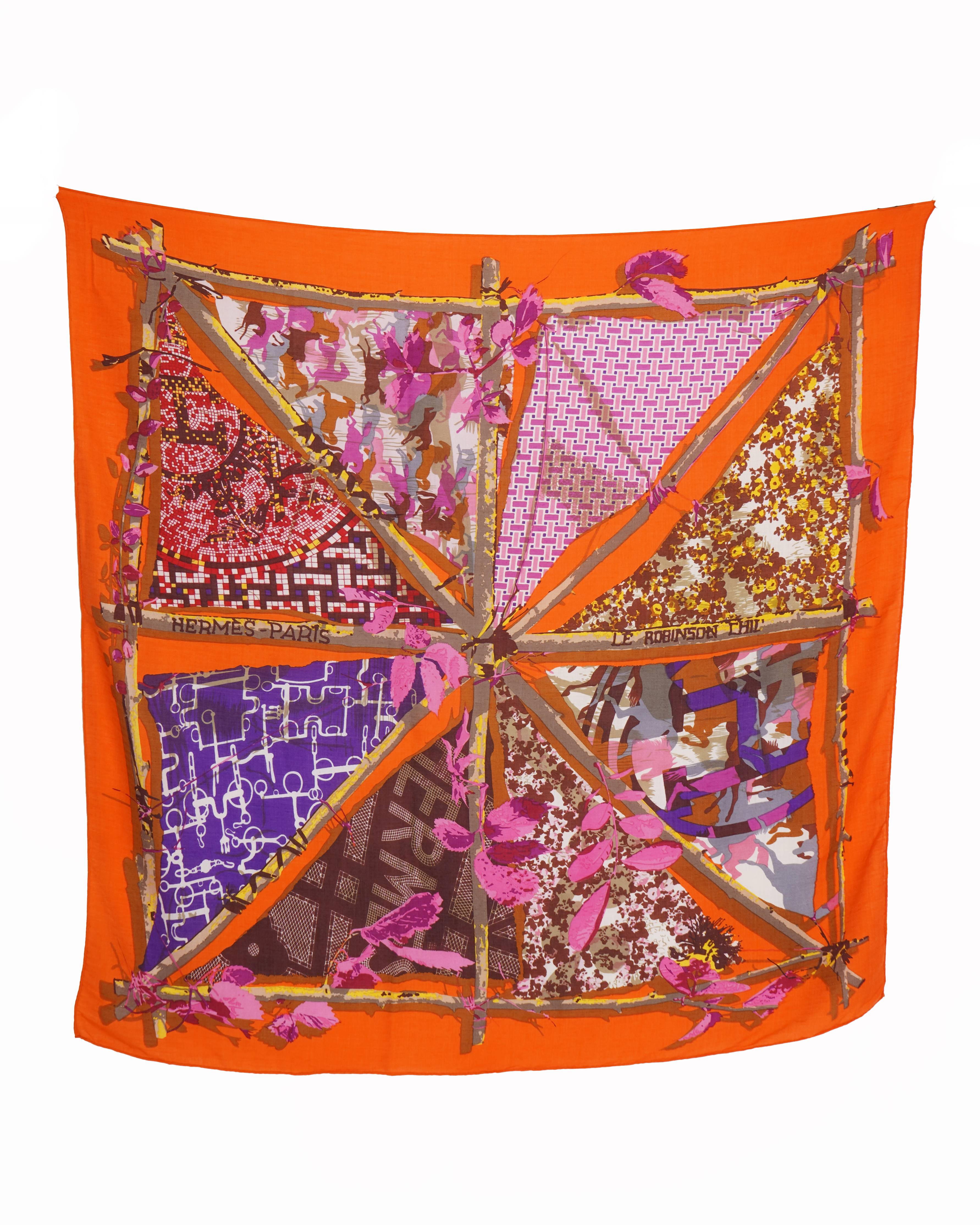 Hermes Orange Multi Silk Le Robinson Chic Scarf